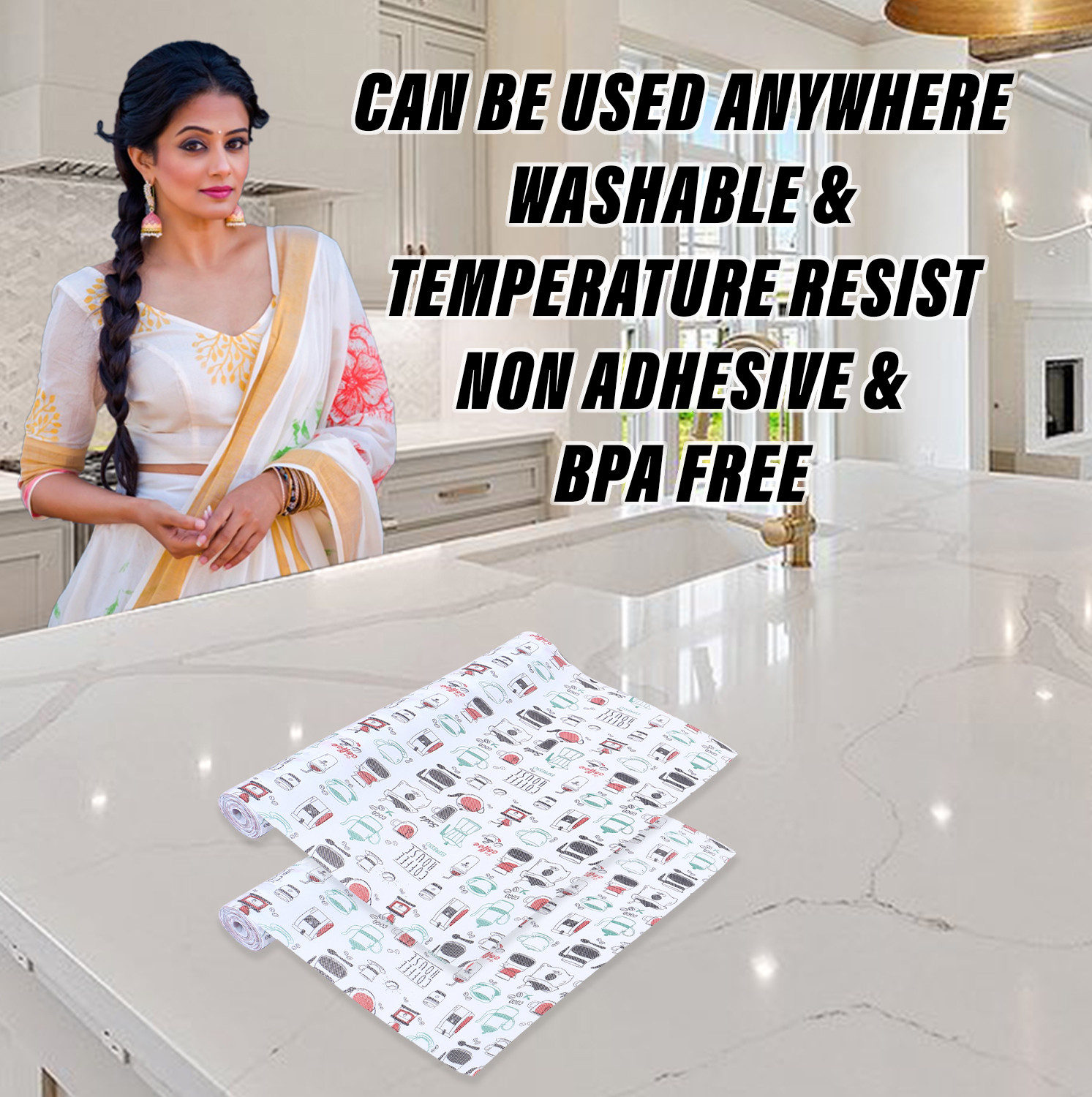 Kuber Industries Shelf Liner  EVA Kitchen Cabinet Shelf Mat  Anti-Slip Bathroom Mat  Fridge Mat  Table Mat  Coffee House Print Wardrobe Mat  5 Meter  White