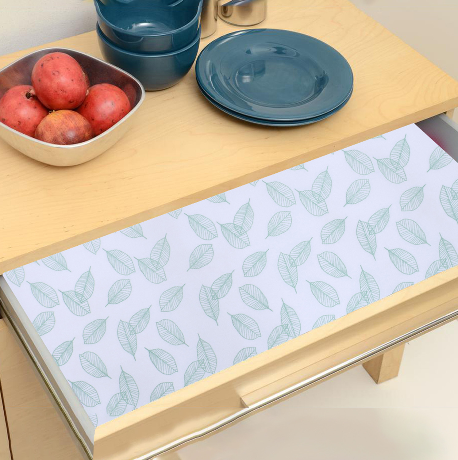 Kuber Industries Shelf Liner  EVA Kitchen Cabinet Shelf Mat  Anti-Slip Bathroom Mat  Fridge Mat  Table Mat  Green Leaf Print Wardrobe Mat  5 Meter  White