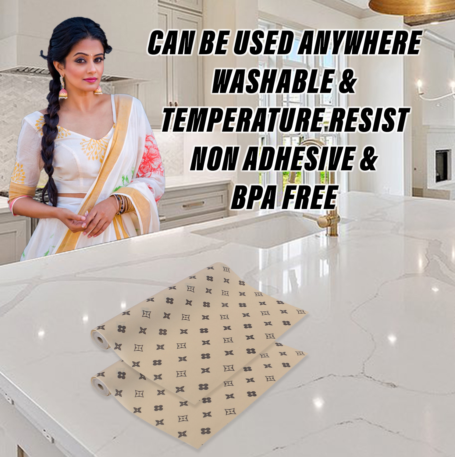 Kuber Industries Shelf Liner  EVA Kitchen Cabinet Shelf Mat  Anti-Slip Bathroom Mat  Fridge Mat  Table Mat  Star Print Print Wardrobe Mat  15 Meter  Beige