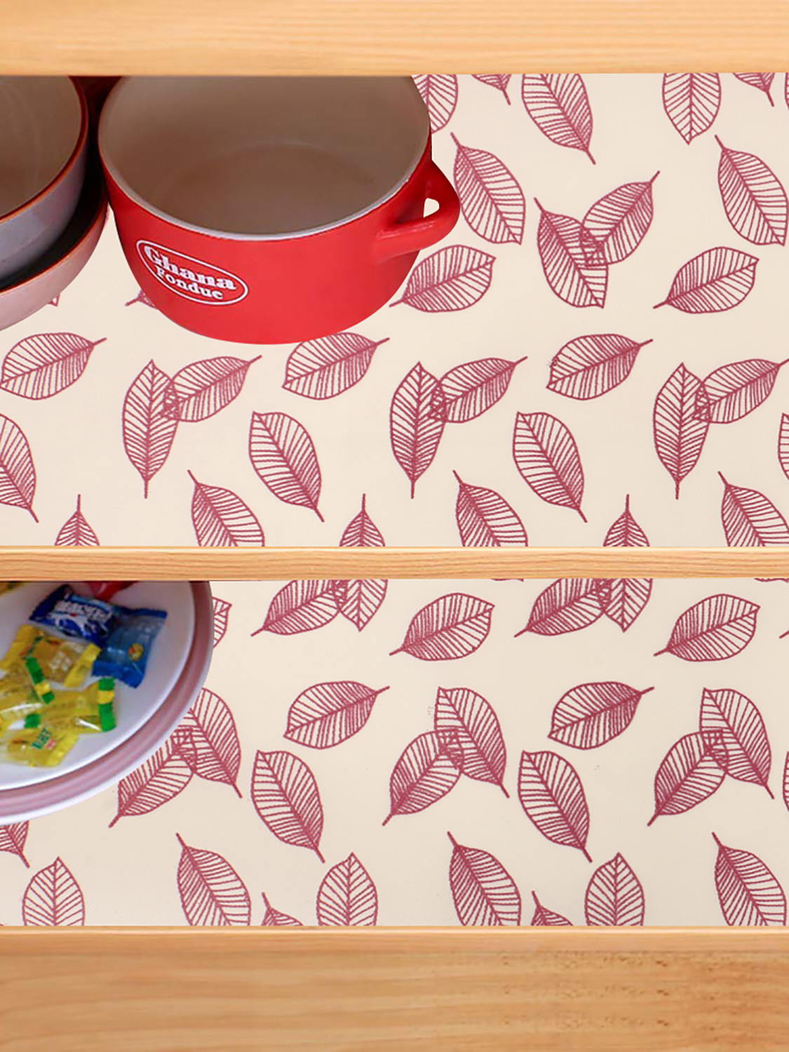 Kuber Industries Shelf Liner | EVA Kitchen Cabinet Shelf Mat | Anti-Slip Bathroom Mat | Fridge Mat | Table Mat | Pink Leaf Wardrobe Mat | 3 Meter | Cream