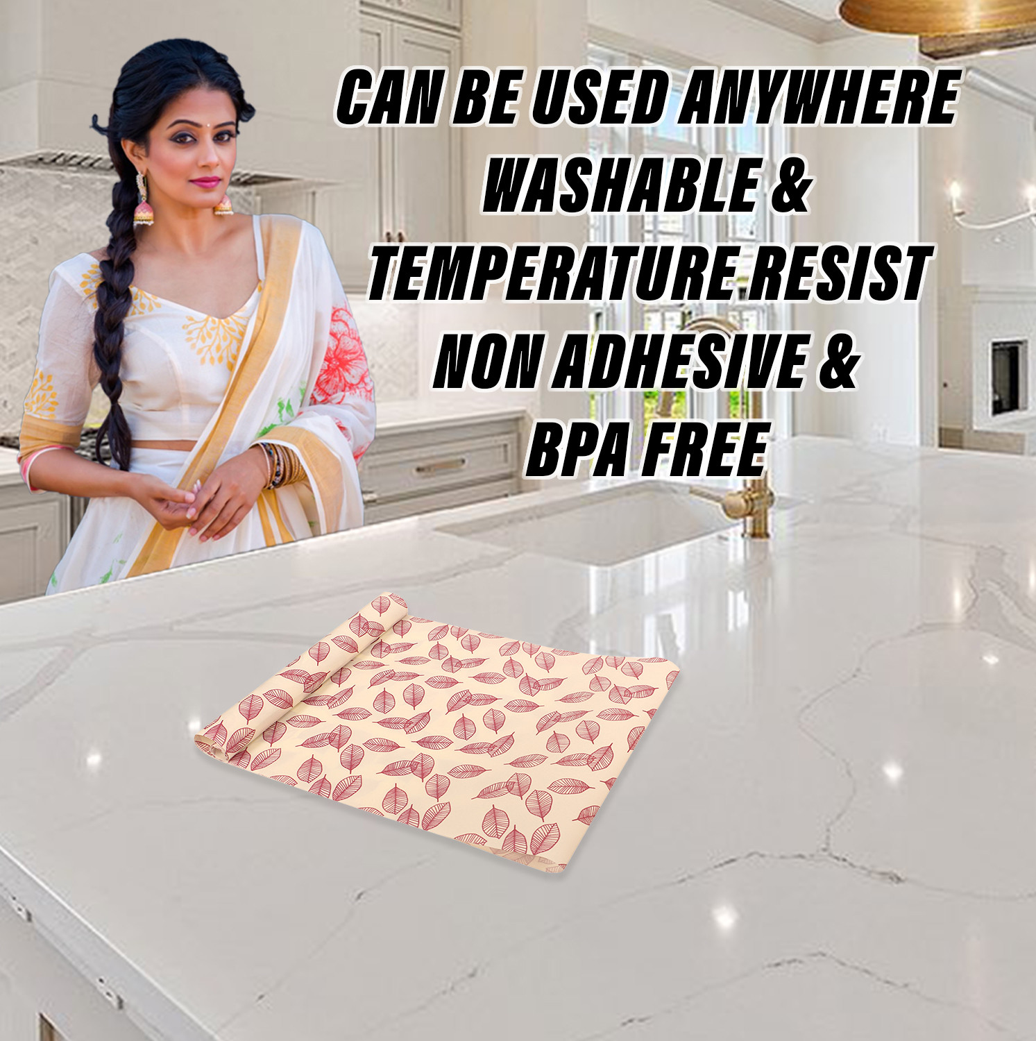Kuber Industries Shelf Liner | EVA Kitchen Cabinet Shelf Mat | Anti-Slip Bathroom Mat | Fridge Mat | Table Mat | Pink Leaf Wardrobe Mat | 3 Meter | Cream