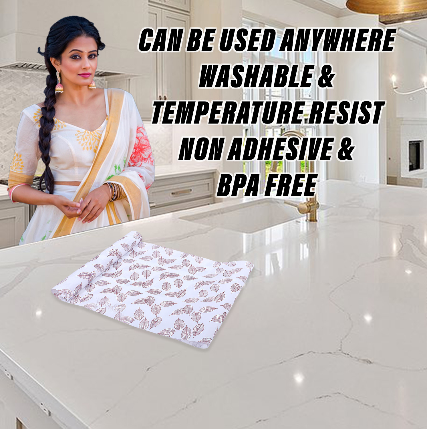 Kuber Industries Shelf Liner  EVA Kitchen Cabinet Shelf Mat  Anti-Slip Bathroom Mat  Fridge Mat  Table Mat  Brown Leaf Wardrobe Mat  5 Meter  White