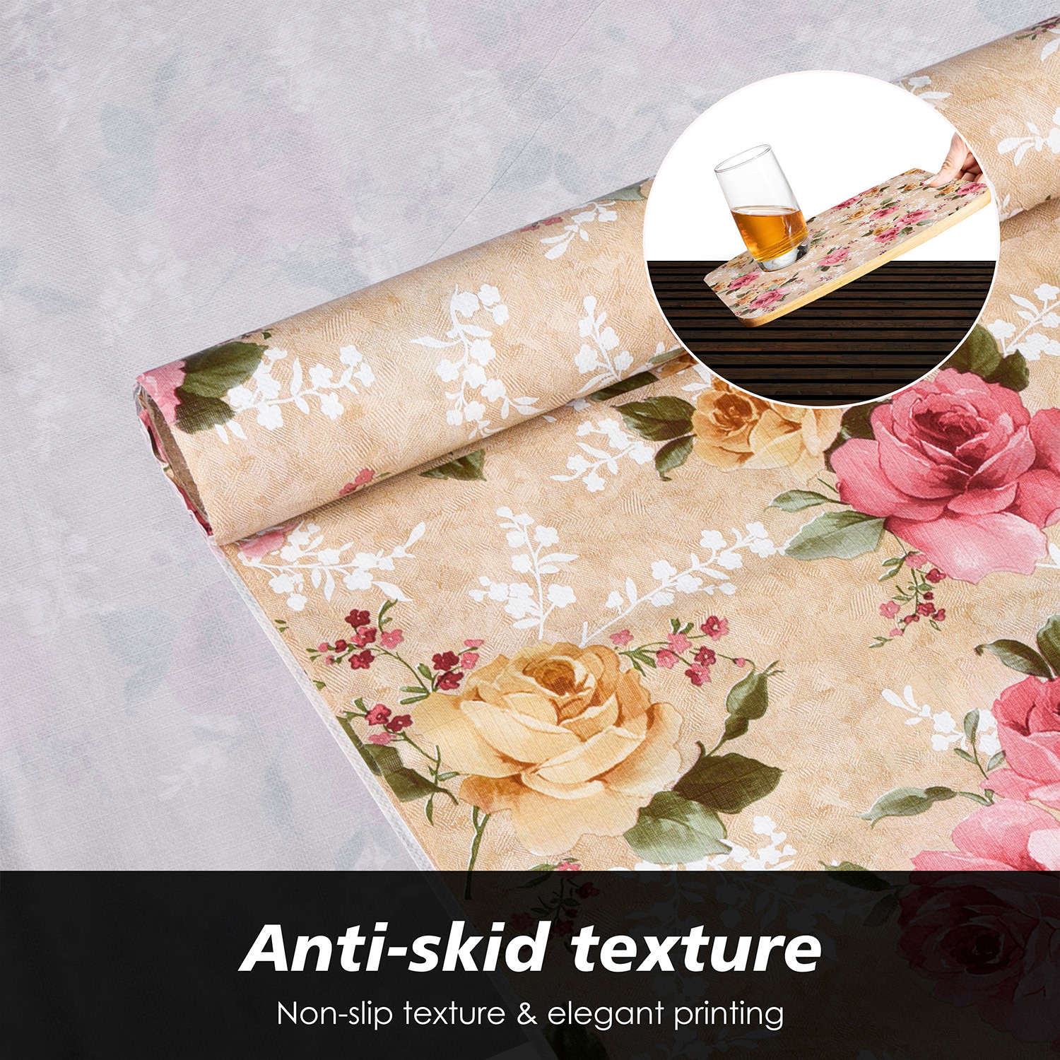 Kuber Industries Shelf Liner  PVC Kitchen Cabinet Shelf Mat  Shelf Mat for Drawer Organizer  Fridge Mat  Table Placemat  Flower Design Wardrobe Mat  5 Meter  Beige