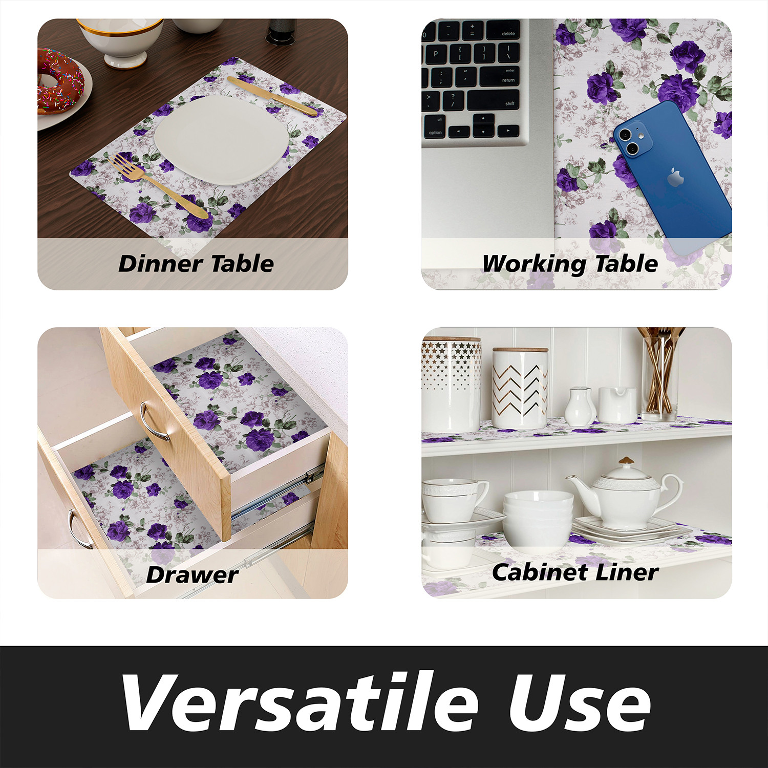 Kuber Industries Shelf Liner  PVC Kitchen Cabinet Shelf Mat  Shelf Mat for Drawer Organizer  Fridge Mat  Table Placemat  Purple Flower Wardrobe Mat  5 Meter  White