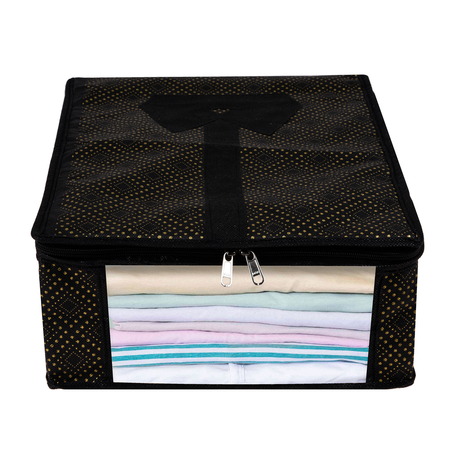 Kuber Industries Shirt Cover  Shirt Storage Organizer  Clothing Organizer  Foldable Shirt Cover  Wardrobe Organizer with Transparent Window  Golden-Dot Shirt Bag  Pack of 2  Black