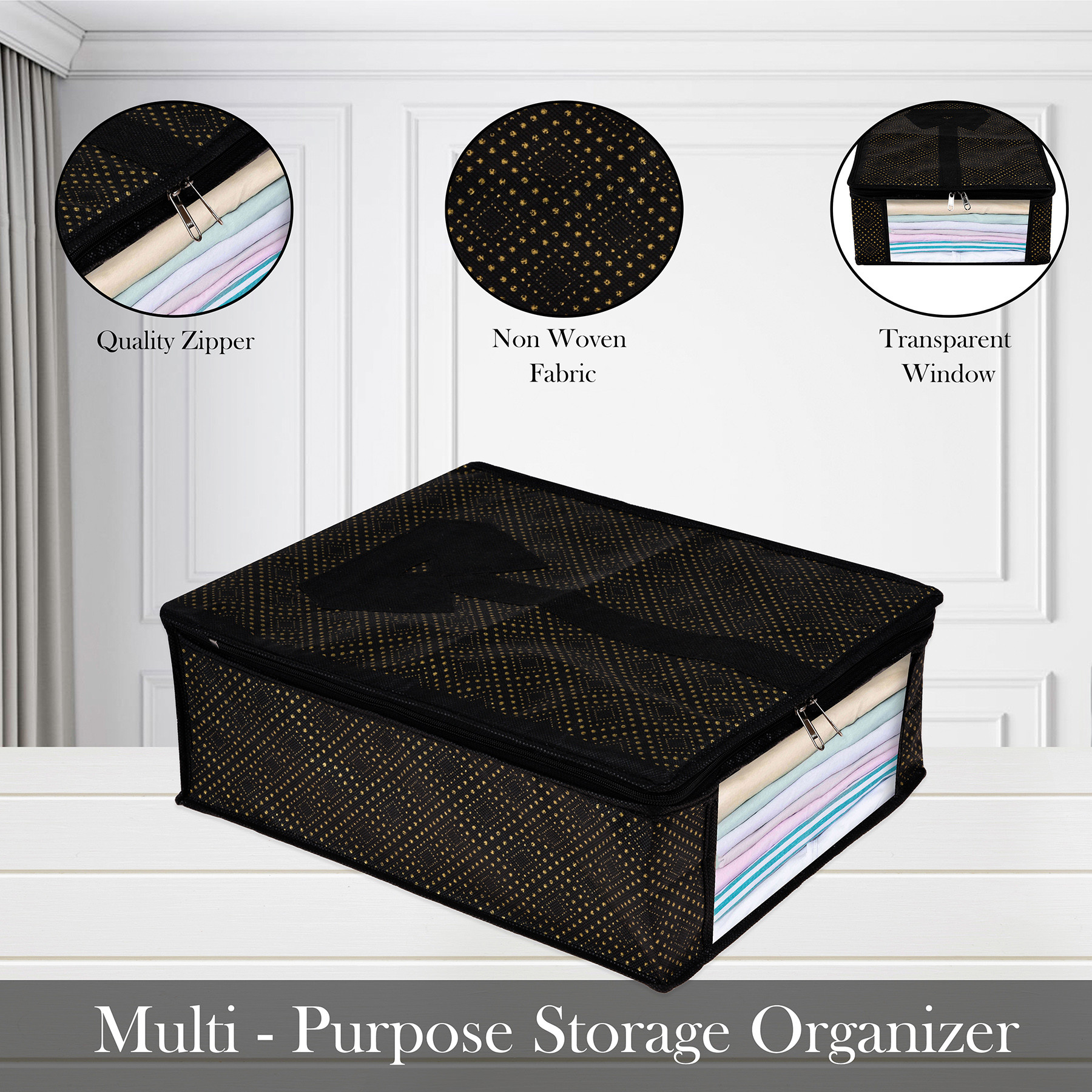 Kuber Industries Shirt Cover  Shirt Storage Organizer  Clothing Organizer  Foldable Shirt Cover  Wardrobe Organizer with Transparent Window  Golden-Dot Shirt Bag  Pack of 2  Black