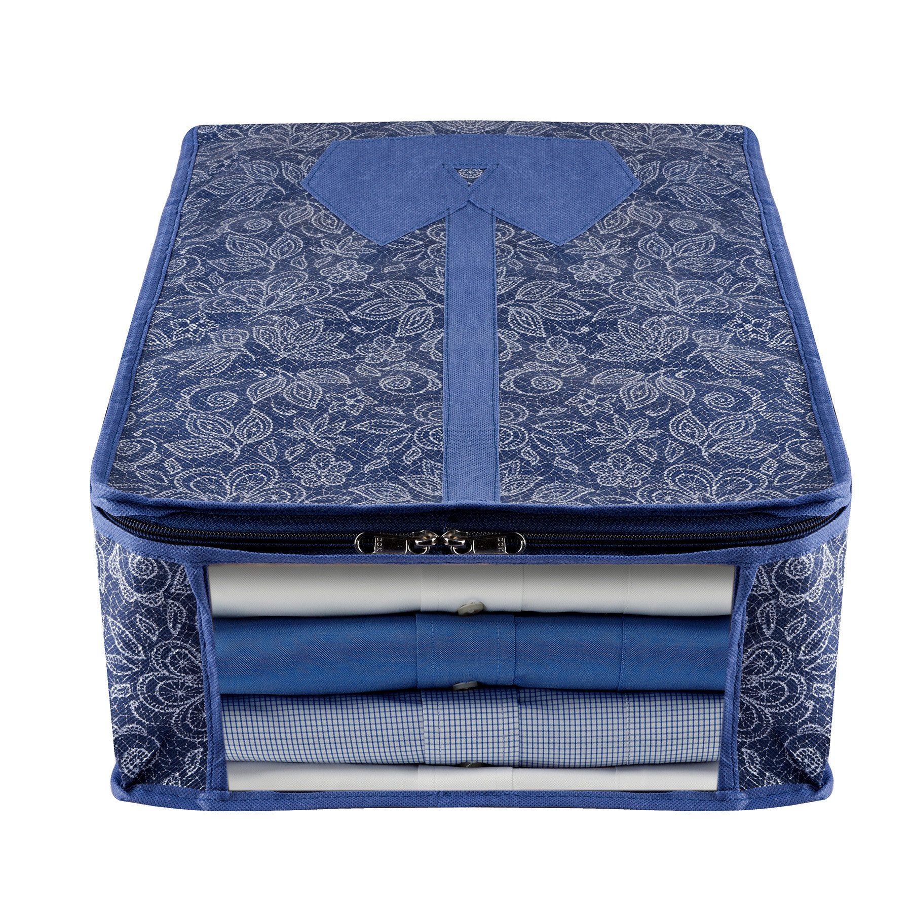 Kuber Industries Shirt Storage Bag  Clothes Storage Bag  Wardrobe Storage Bag  Shirt Organizer for Closet  Visible Window Shirt Bag  Flower Printed Shirt Cover  Pack of 2  Navy Blue