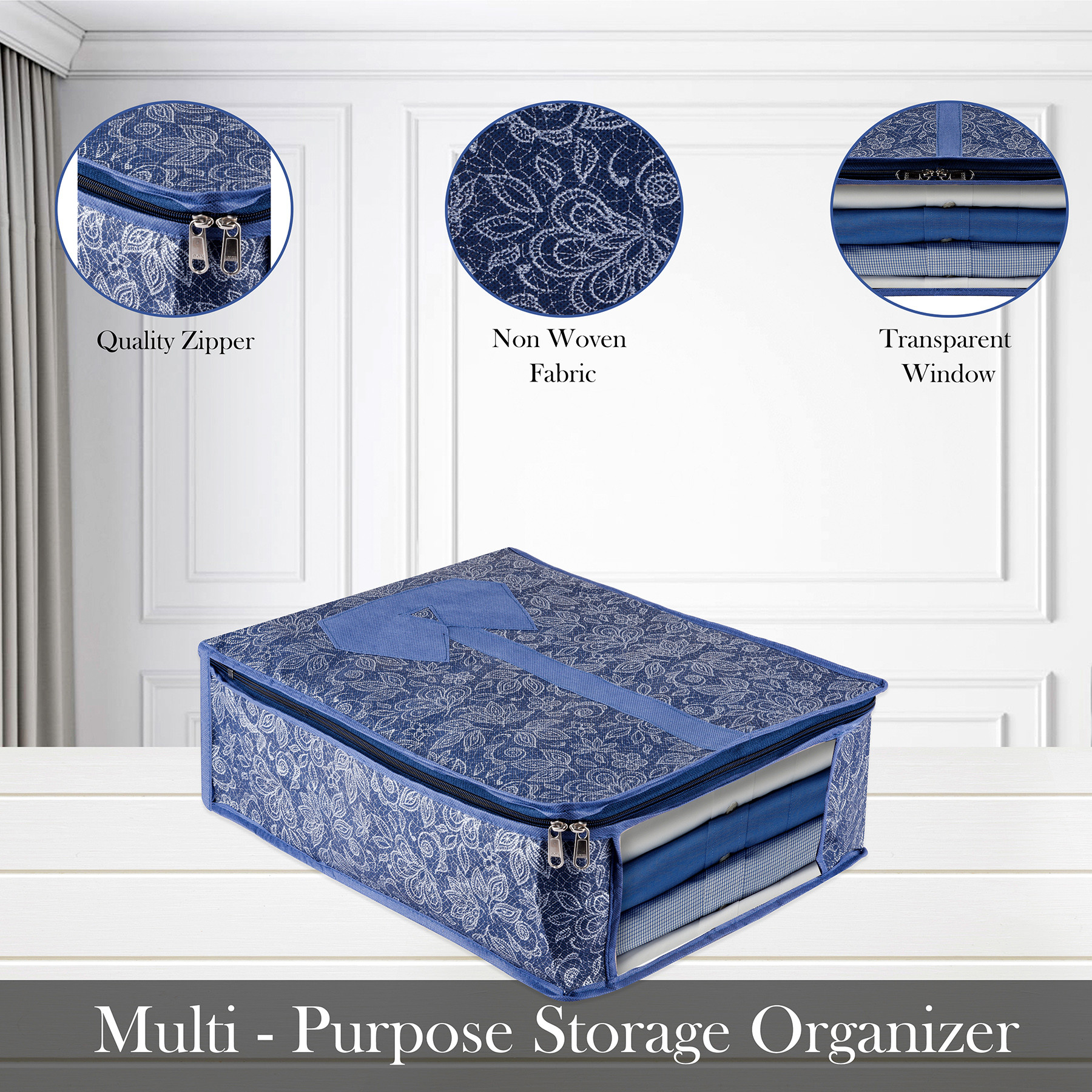 Kuber Industries Shirt Storage Bag  Clothes Storage Bag  Wardrobe Storage Bag  Shirt Organizer for Closet  Visible Window Shirt Bag  Flower Printed Shirt Cover  Pack of 2  Navy Blue