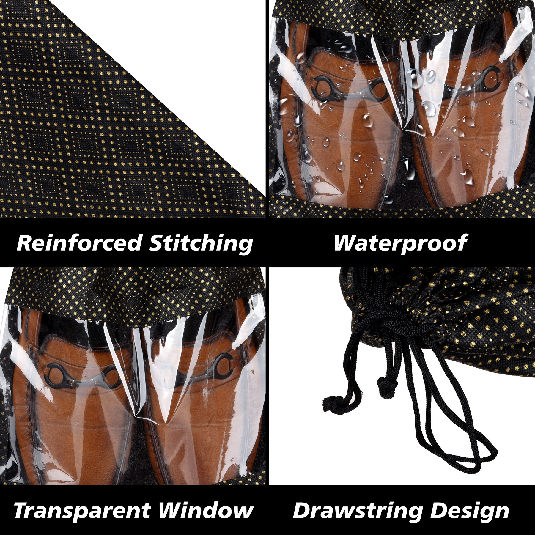 Kuber Industries Shoe Bags  Shoe Bags for Travel  Drawstring Shoe Storage Bags  Storage Organizers Set  Shoe Cover with Transparent Window  Shoe Pouches  Golden Dot-Print  Pack of 6  Black