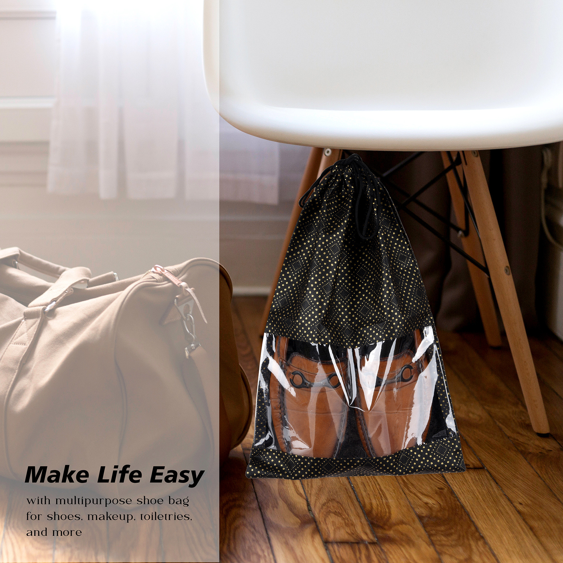 Kuber Industries Shoe Bags  Shoe Bags for Travel  Drawstring Shoe Storage Bags  Storage Organizers Set  Shoe Cover with Transparent Window  Shoe Pouches  Golden Dot-Print  Pack of 6  Black