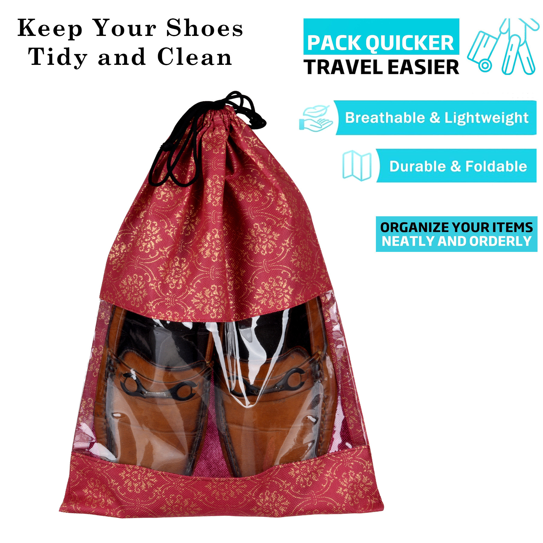 Kuber Industries Shoe Bags  Shoe Bags for Travel  Drawstring Shoe Storage Bags  Storage Organizers Set  Shoe Cover with Transparent Window  Shoe Pouches  Golden-Print  Pack of 6  Maroon