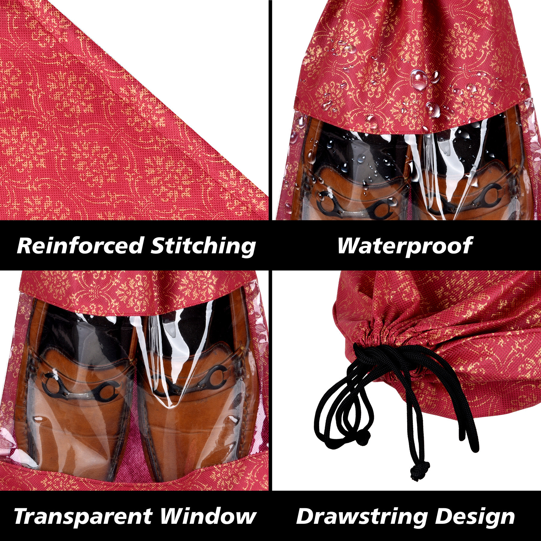Kuber Industries Shoe Bags  Shoe Bags for Travel  Drawstring Shoe Storage Bags  Storage Organizers Set  Shoe Cover with Transparent Window  Shoe Pouches  Golden-Print  Pack of 6  Maroon