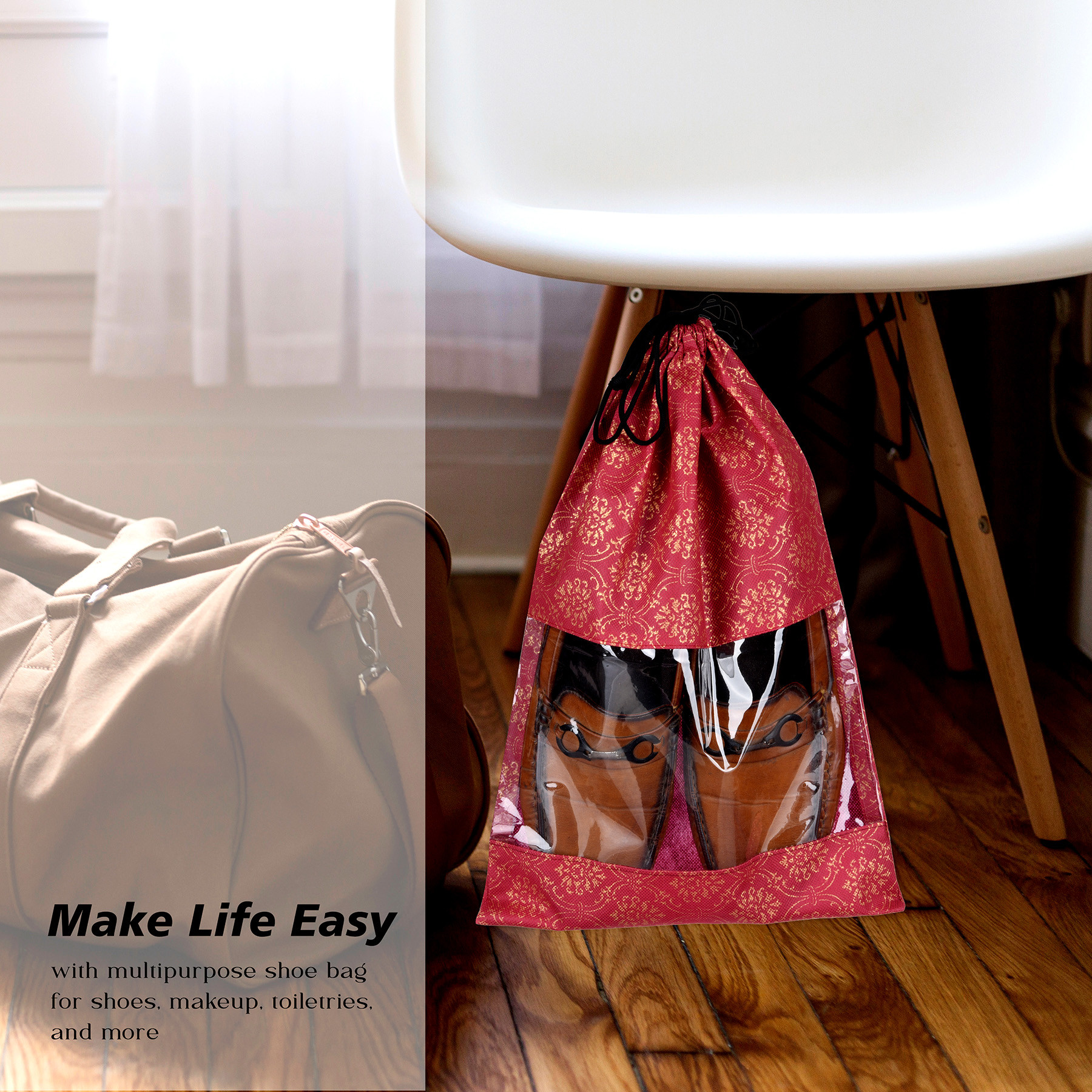 Kuber Industries Shoe Bags  Shoe Bags for Travel  Drawstring Shoe Storage Bags  Storage Organizers Set  Shoe Cover with Transparent Window  Shoe Pouches  Golden-Print  Pack of 6  Maroon