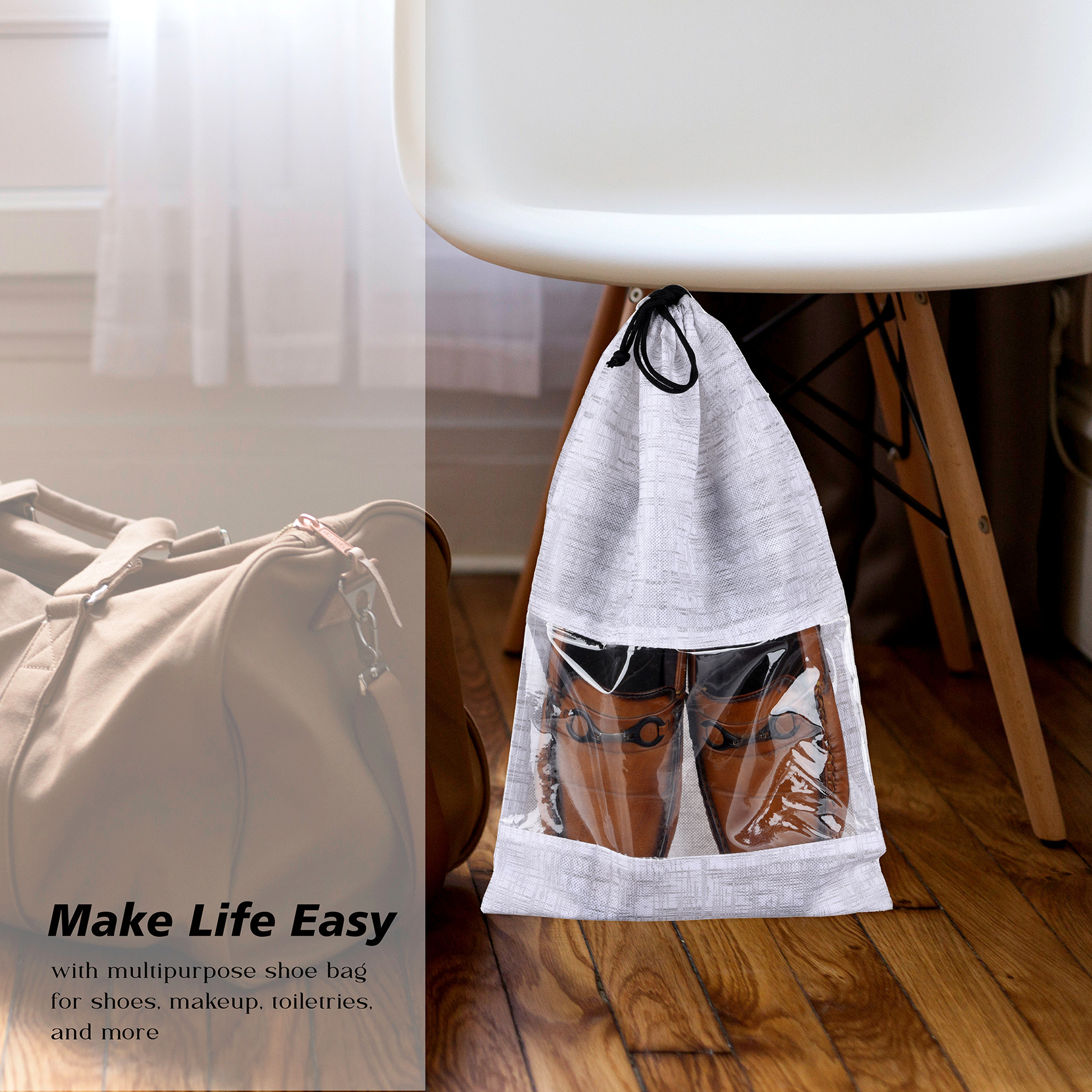 Kuber Industries Shoe Bags  Shoe Bags for Travel  Drawstring Shoe Storage Bags  Storage Organizers Set  Shoe Cover with Transparent Window  Shoe Pouches  Jute-Print  Pack of 6  Gray