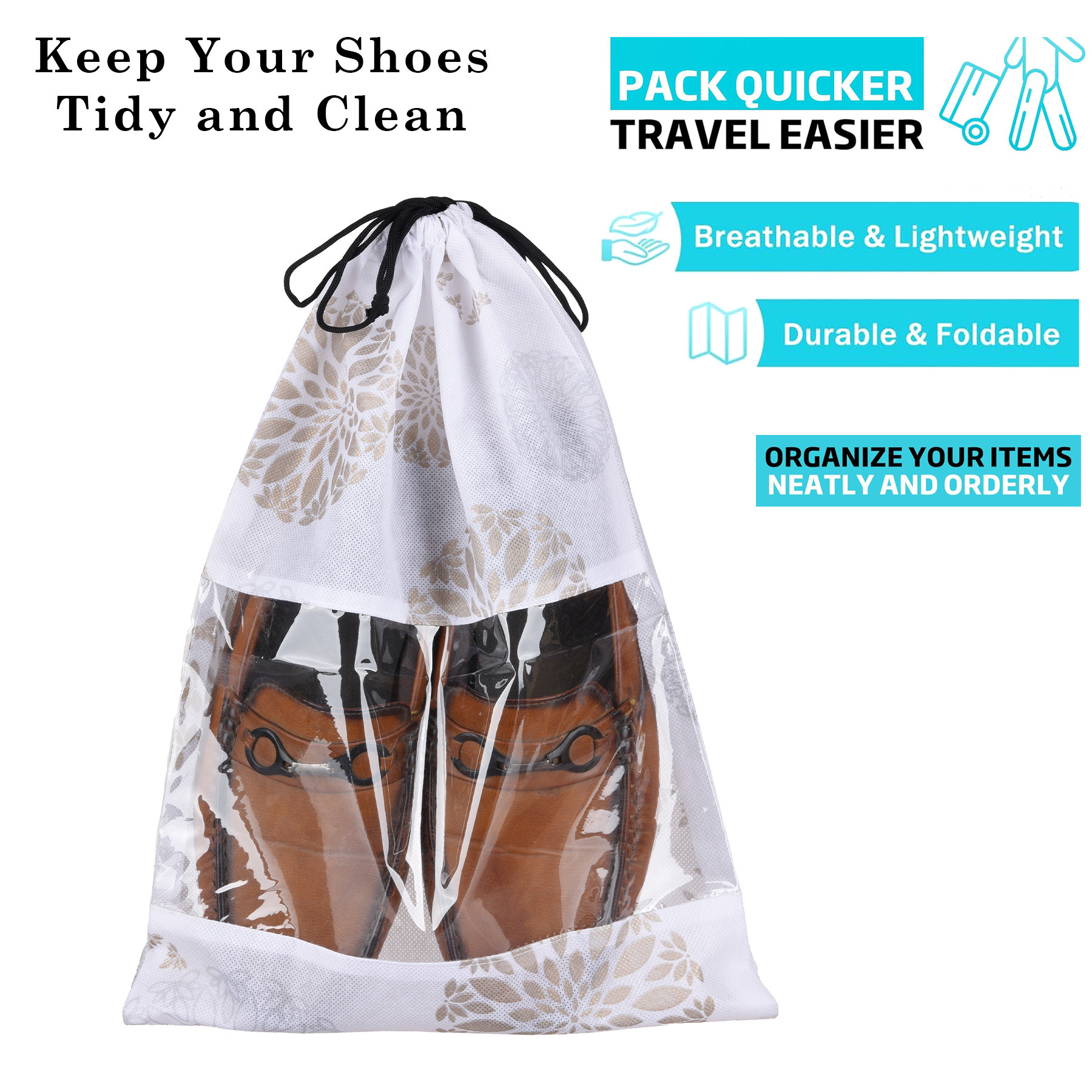 Kuber Industries Shoe Bags  Shoe Bags for Travel  Drawstring Shoe Storage Bags  Storage Organizers Set  Shoe Cover with Transparent Window  Shoe Pouches  Gola-Print  Pack of 6  White