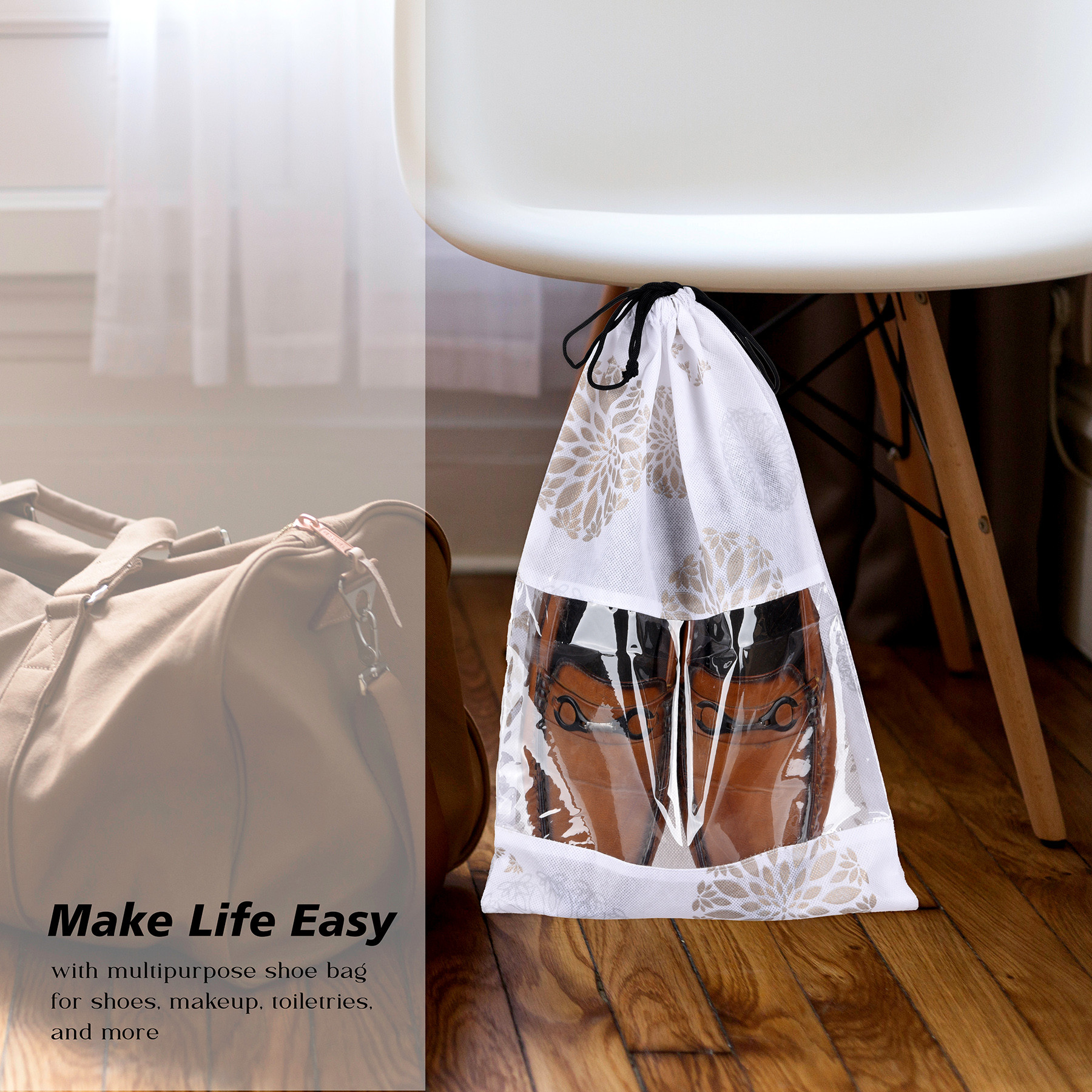 Kuber Industries Shoe Bags  Shoe Bags for Travel  Drawstring Shoe Storage Bags  Storage Organizers Set  Shoe Cover with Transparent Window  Shoe Pouches  Gola-Print  Pack of 6  White