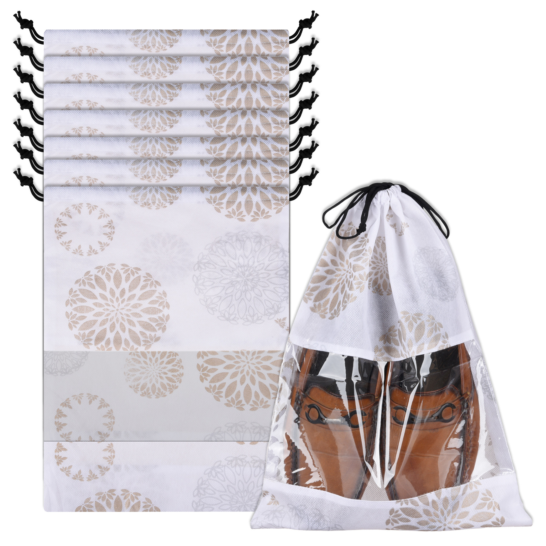 Kuber Industries Shoe Bags | Shoe Bags for Travel | Drawstring Shoe Storage Bags | Storage Organizers Set | Shoe Cover with Transparent Window | Shoe Pouches | Gola-Print |White