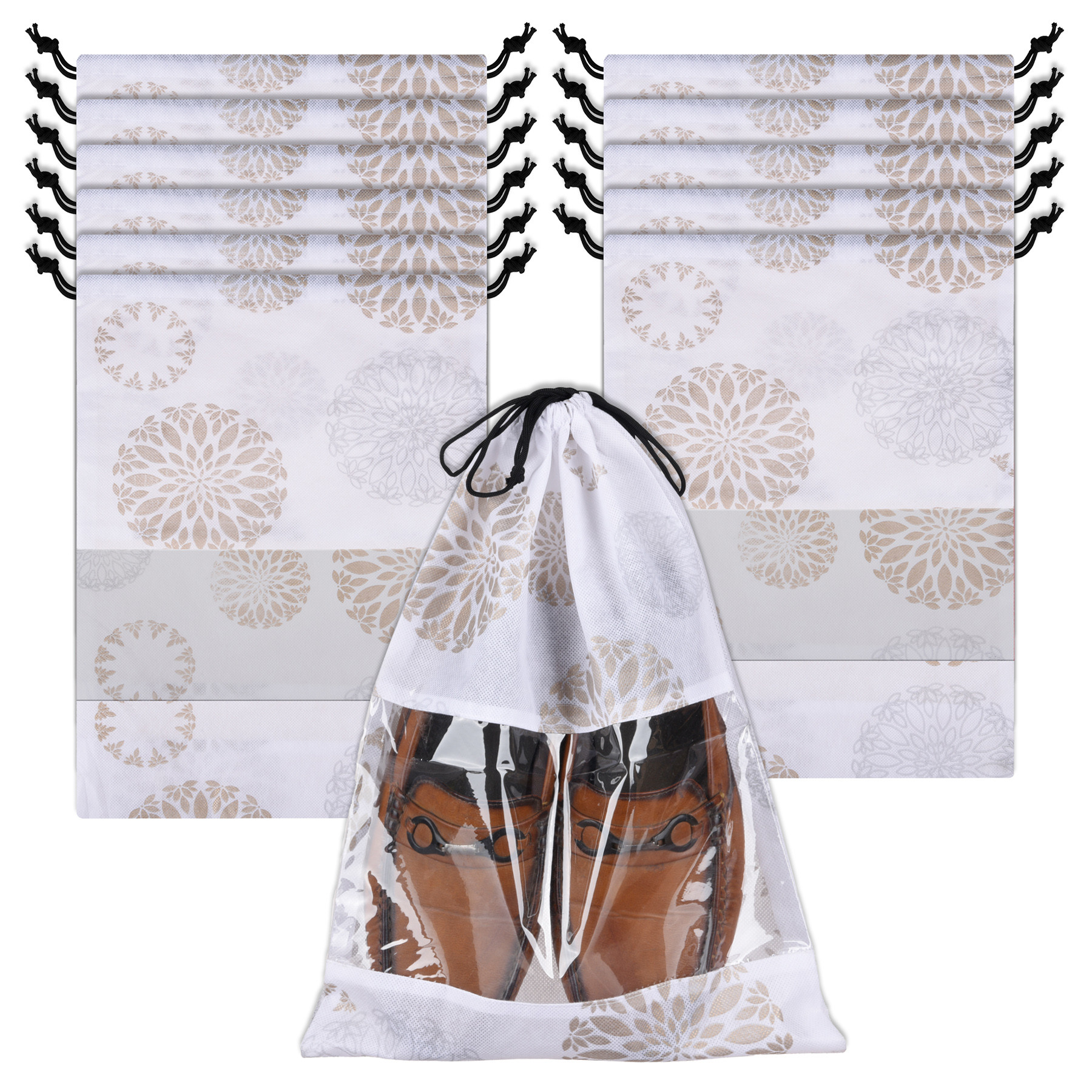 Kuber Industries Shoe Bags | Shoe Bags for Travel | Drawstring Shoe Storage Bags | Storage Organizers Set | Shoe Cover with Transparent Window | Shoe Pouches | Gola-Print |White