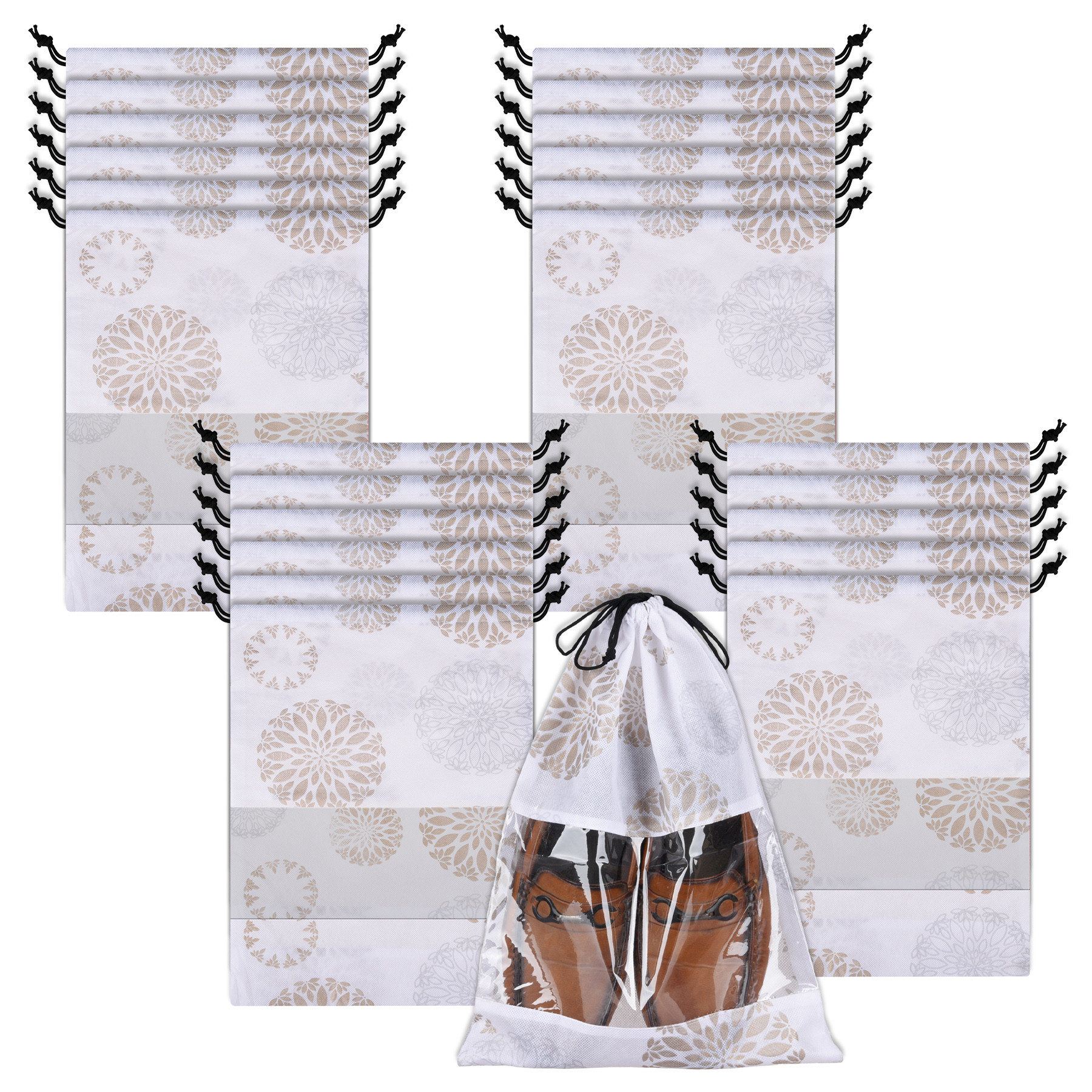 Kuber Industries Shoe Bags | Shoe Bags for Travel | Drawstring Shoe Storage Bags | Storage Organizers Set | Shoe Cover with Transparent Window | Shoe Pouches | Gola-Print |White