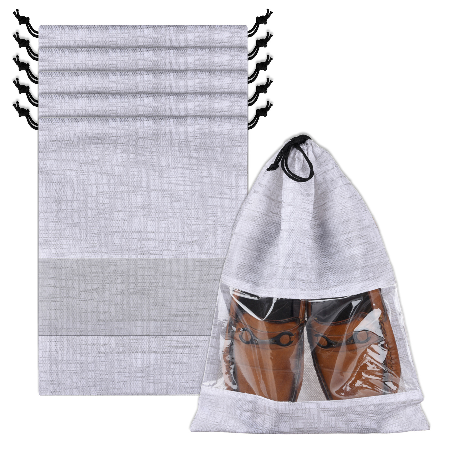 Kuber Industries Shoe Bags | Shoe Bags for Travel | Drawstring Shoe Storage Bags | Storage Organizers Set | Shoe Cover with Transparent Window | Shoe Pouches | Jute-Print |Gray