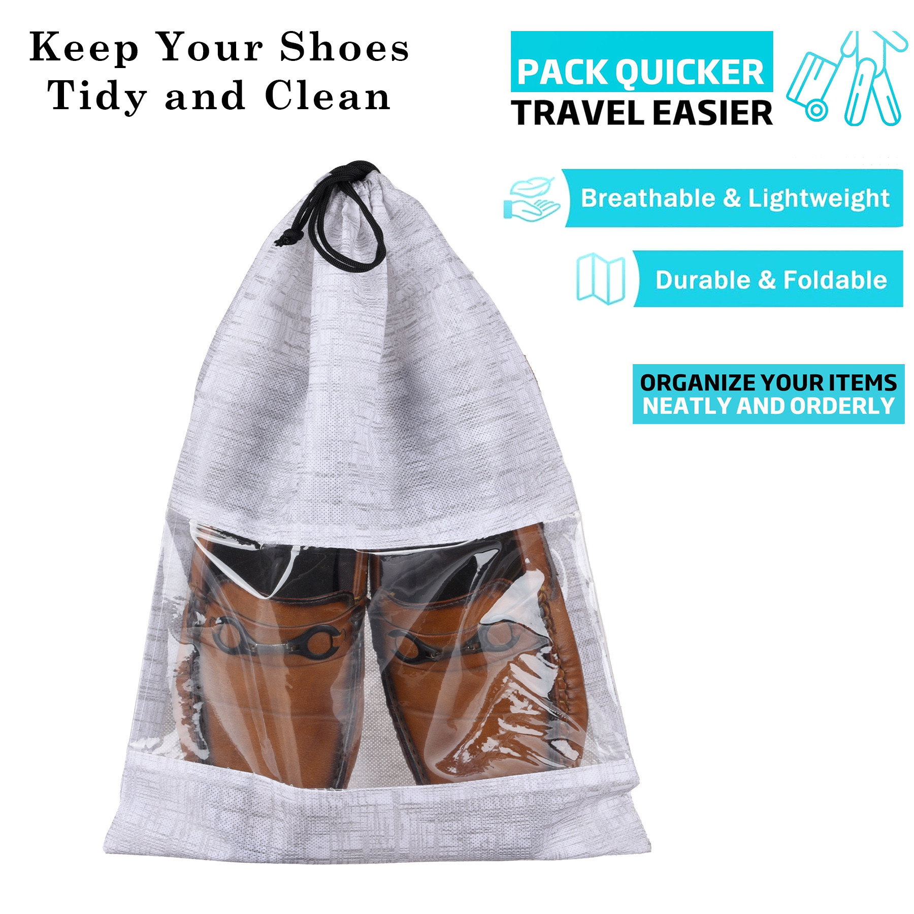 Kuber Industries Shoe Bags | Shoe Bags for Travel | Drawstring Shoe Storage Bags | Storage Organizers Set | Shoe Cover with Transparent Window | Shoe Pouches | Jute-Print |Gray