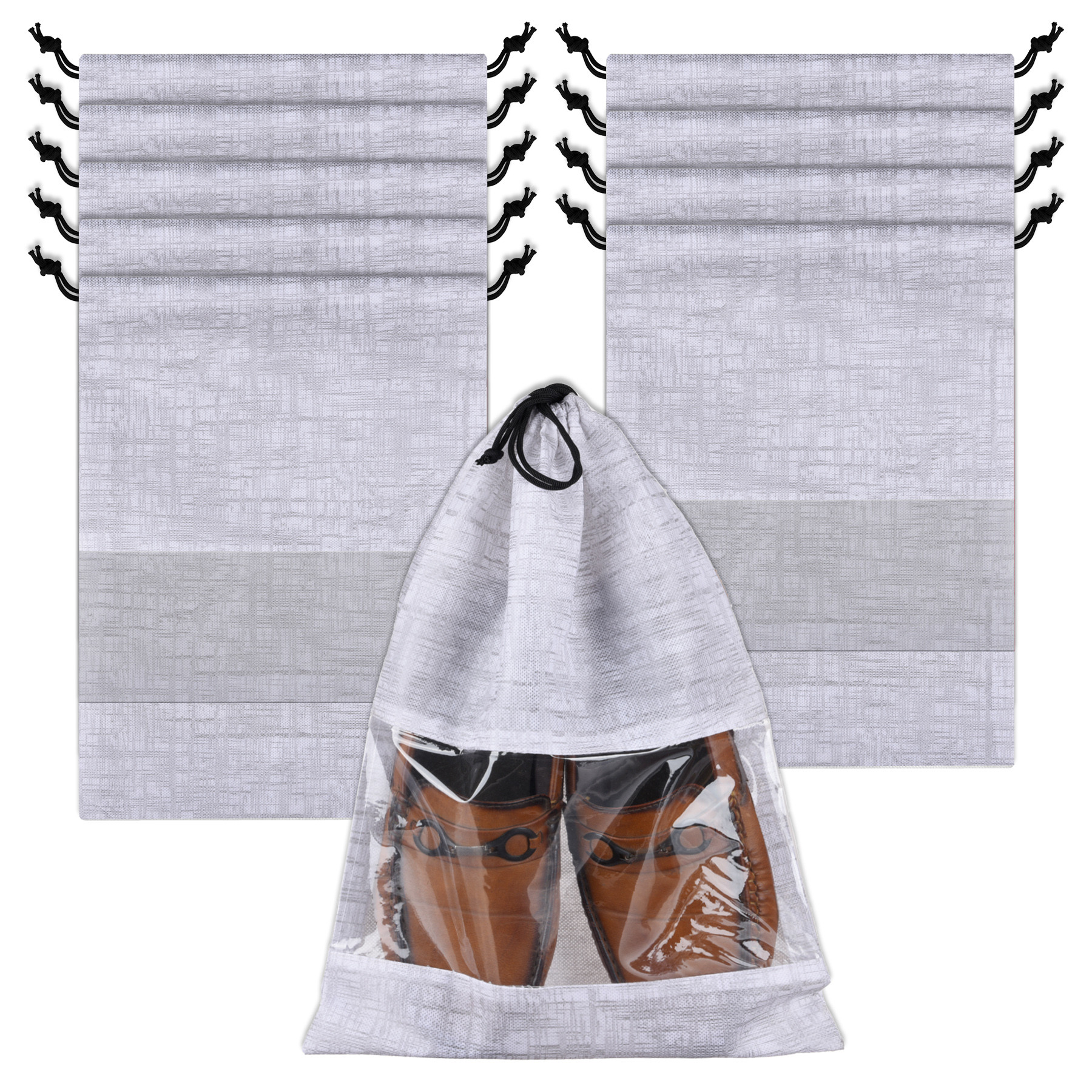 Kuber Industries Shoe Bags | Shoe Bags for Travel | Drawstring Shoe Storage Bags | Storage Organizers Set | Shoe Cover with Transparent Window | Shoe Pouches | Jute-Print |Gray