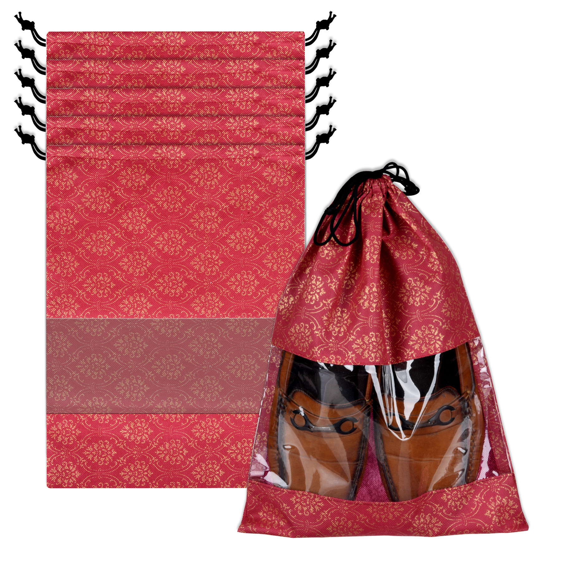 Kuber Industries Shoe Bags | Shoe Bags for Travel | Drawstring Shoe Storage Bags | Storage Organizers Set | Shoe Cover with Transparent Window | Shoe Pouches | Golden-Print |Maroon