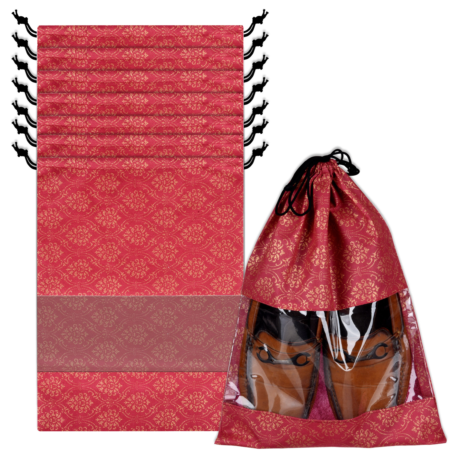 Kuber Industries Shoe Bags | Shoe Bags for Travel | Drawstring Shoe Storage Bags | Storage Organizers Set | Shoe Cover with Transparent Window | Shoe Pouches | Golden-Print |Maroon