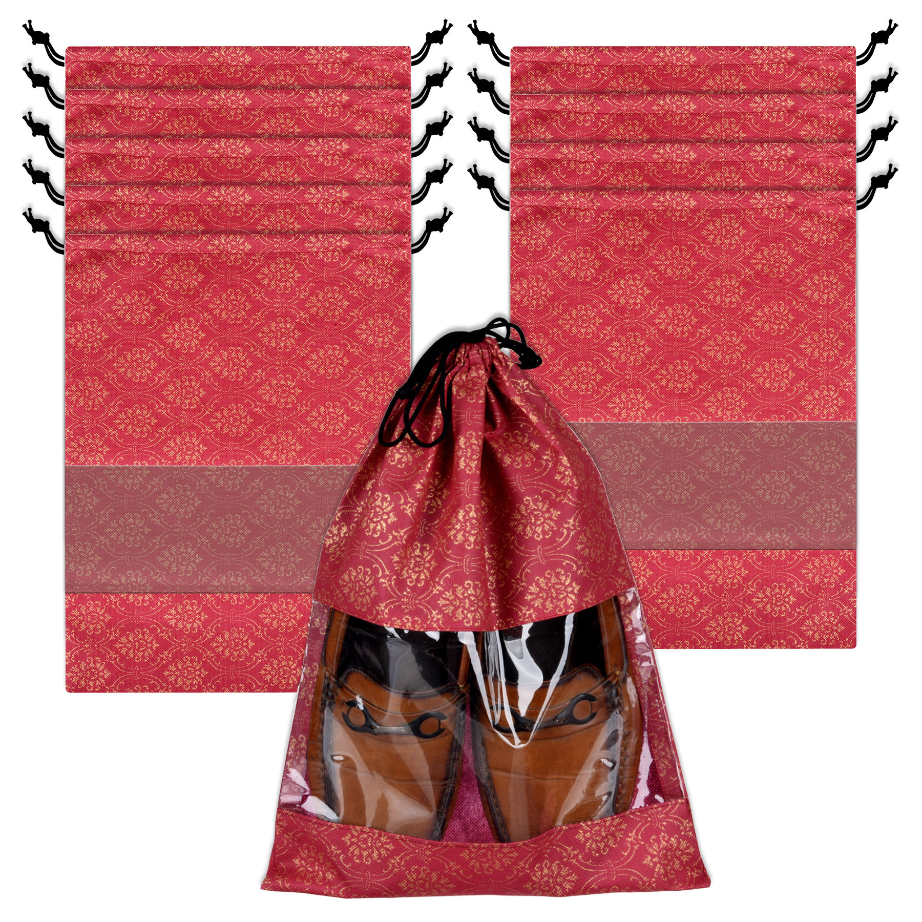 Kuber Industries Shoe Bags | Shoe Bags for Travel | Drawstring Shoe Storage Bags | Storage Organizers Set | Shoe Cover with Transparent Window | Shoe Pouches | Golden-Print |Maroon