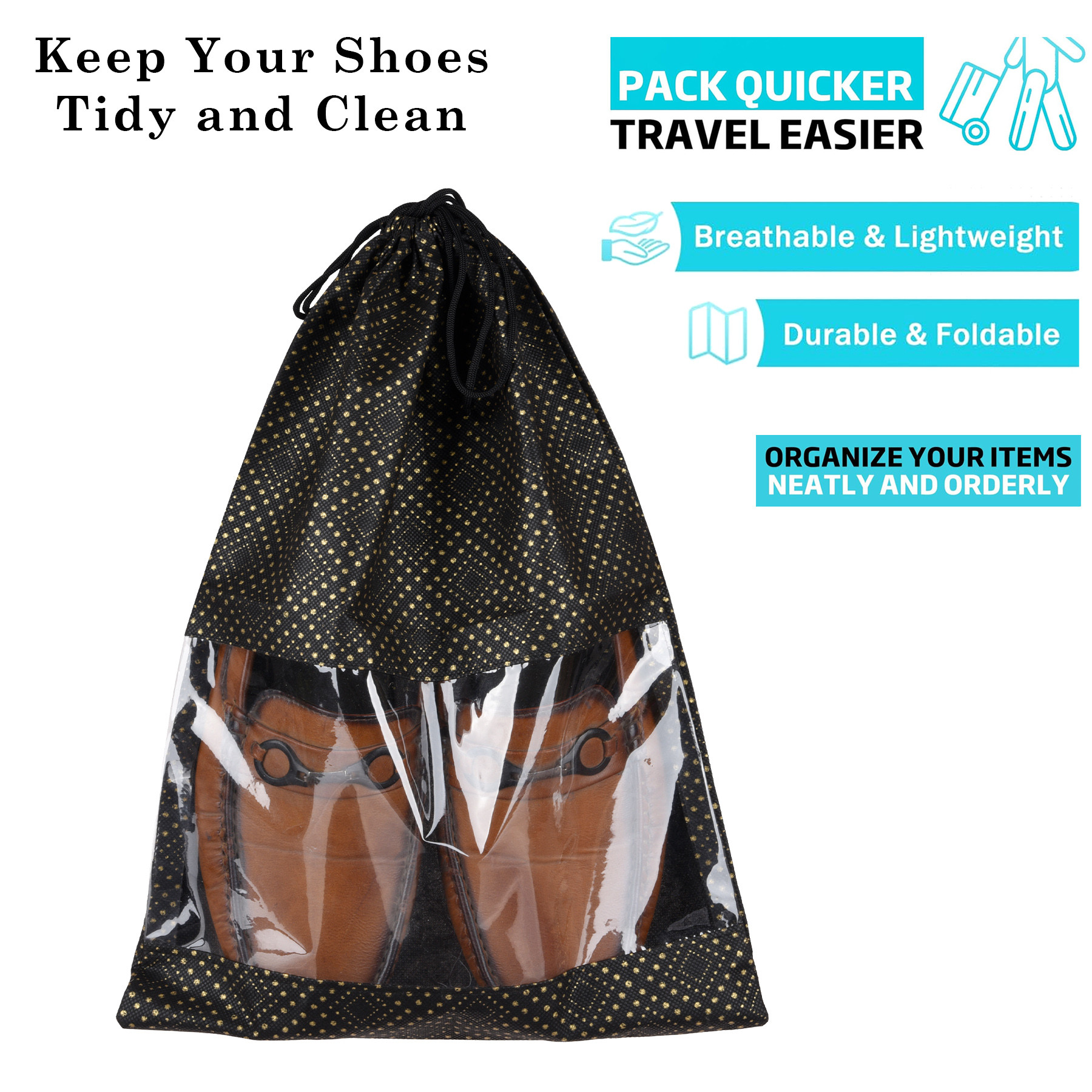 Kuber Industries Shoe Bags | Shoe Bags for Travel | Drawstring Shoe Storage Bags | Storage Organizers Set | Shoe Cover with Transparent Window | Shoe Pouches | Golden Dot-Print |Black