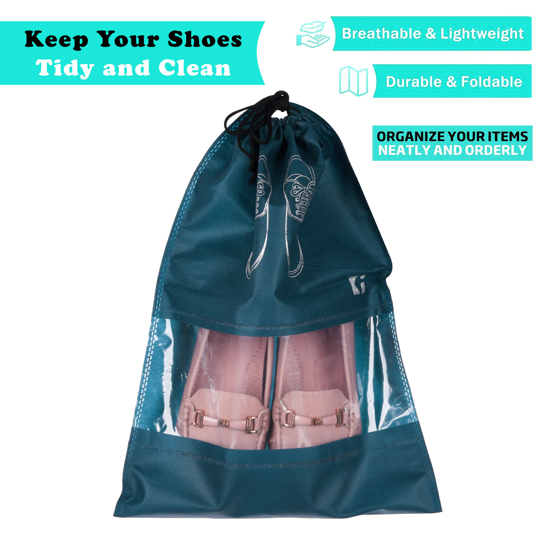 Kuber Industries Shoe Bags | Shoe Bags for Travel | Non-Woven Shoe Storage Bags | Storage Organizers Set | Shoe Cover with Transparent Window | Shoe Dori Cover | Navy Blue