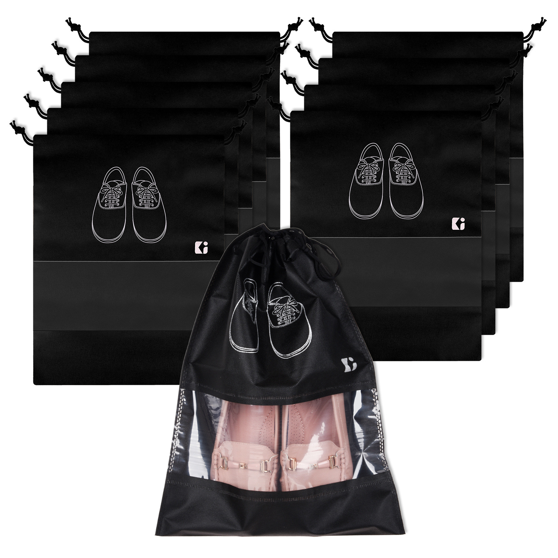 Kuber Industries Shoe Bags | Shoe Bags for Travel | Non-Woven Shoe Storage Bags | Storage Organizers Set | Shoe Cover with Transparent Window | Shoe Dori Cover | Black
