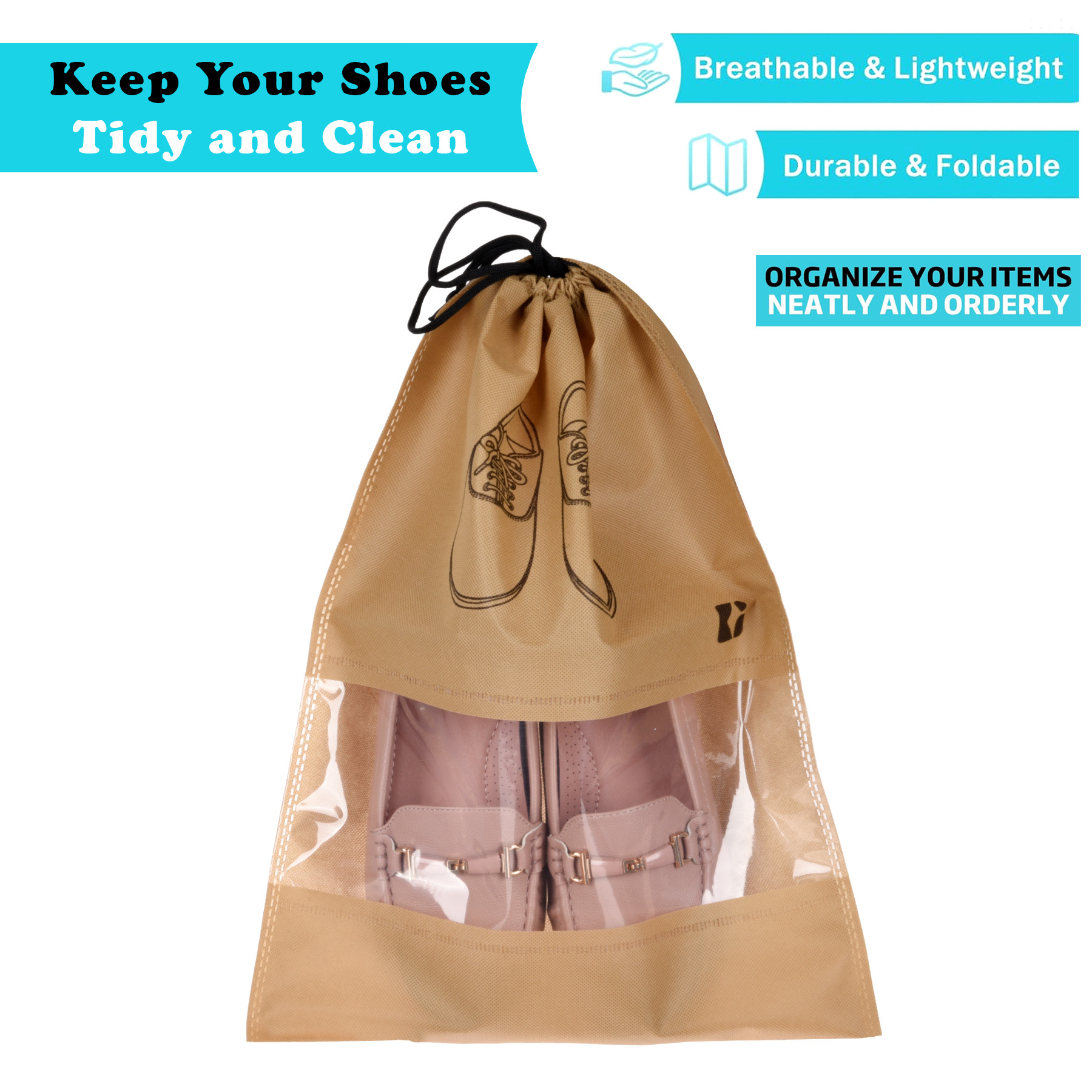 Kuber Industries Shoe Bags | Shoe Bags for Travel | Non-Woven Shoe Storage Bags | Storage Organizers Set | Shoe Cover with Transparent Window | Shoe Dori Cover | Beige