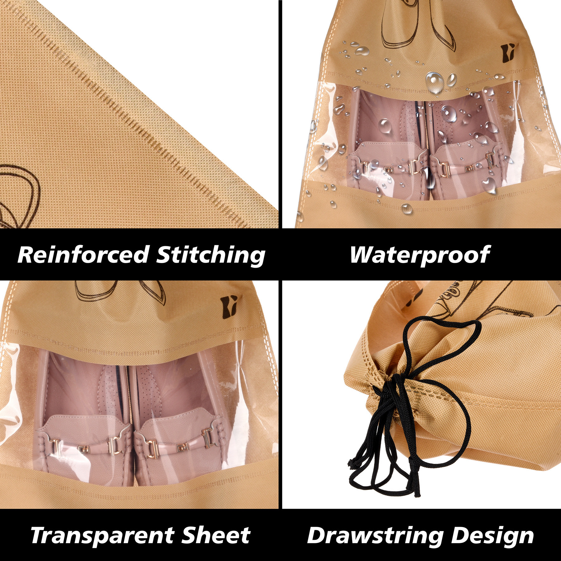 Kuber Industries Shoe Bags | Shoe Bags for Travel | Non-Woven Shoe Storage Bags | Storage Organizers Set | Shoe Cover with Transparent Window | Shoe Dori Cover | Beige
