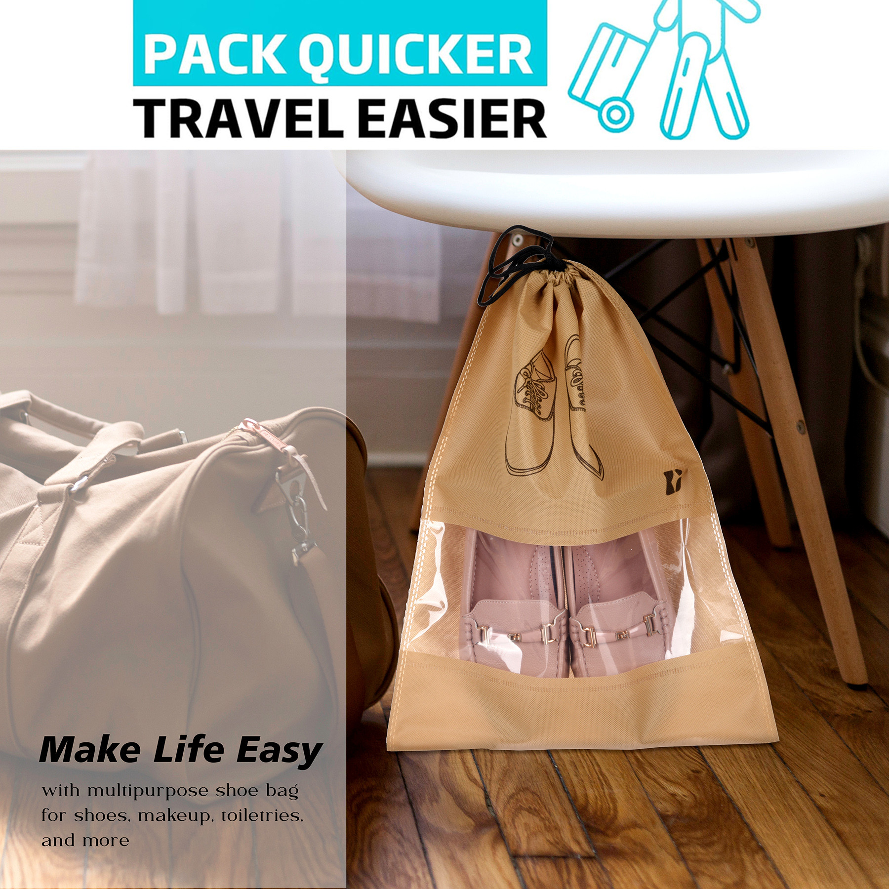Kuber Industries Shoe Bags | Shoe Bags for Travel | Non-Woven Shoe Storage Bags | Storage Organizers Set | Shoe Cover with Transparent Window | Shoe Dori Cover | Beige