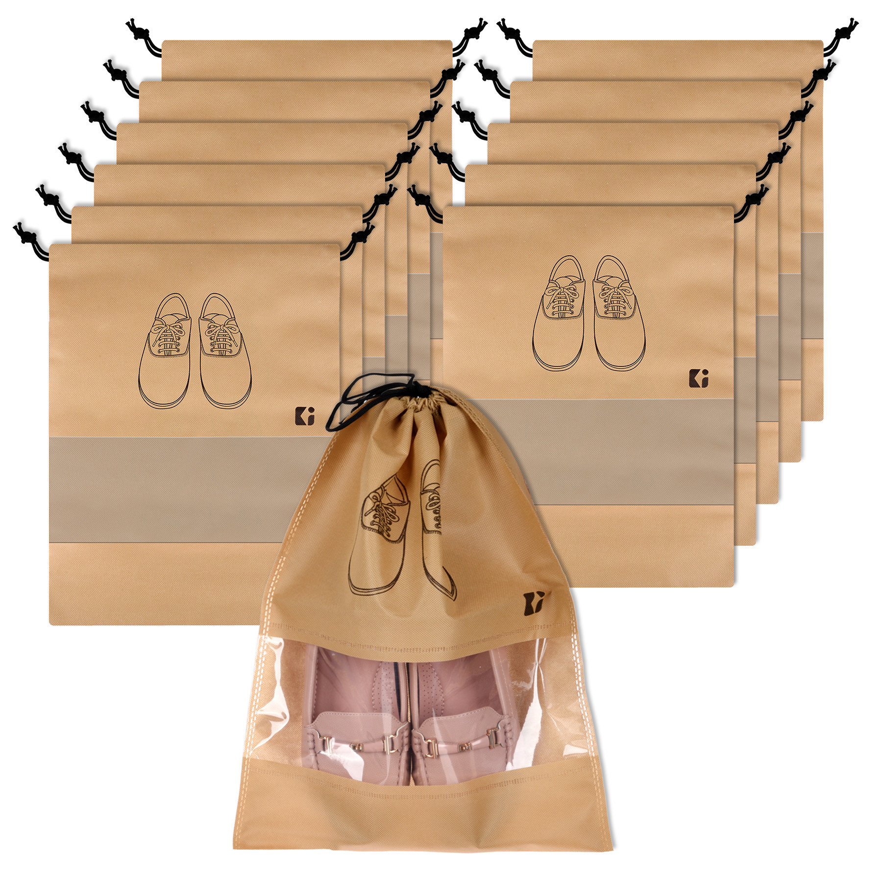 Kuber Industries Shoe Bags | Shoe Bags for Travel | Non-Woven Shoe Storage Bags | Storage Organizers Set | Shoe Cover with Transparent Window | Shoe Dori Cover | Beige