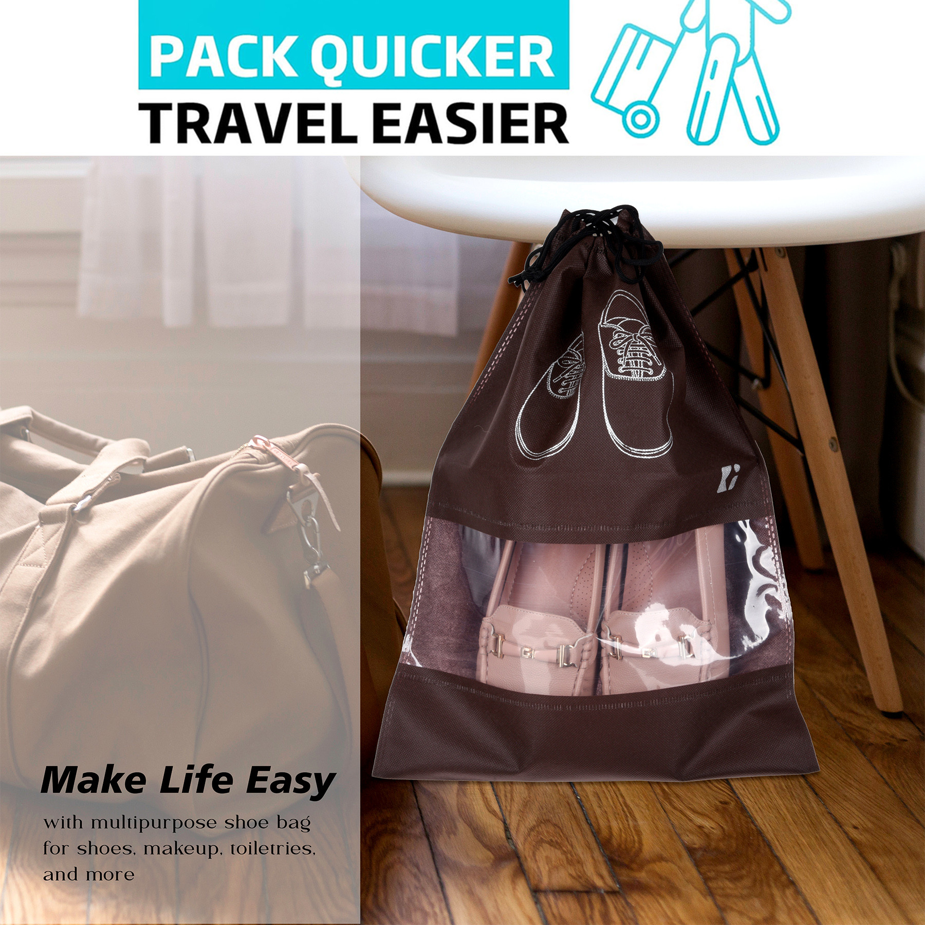 Kuber Industries Shoe Bags | Shoe Bags for Travel | Non-Woven Shoe Storage Bags | Storage Organizers Set | Shoe Cover with Transparent Window | Shoe Dori Cover | Coffee