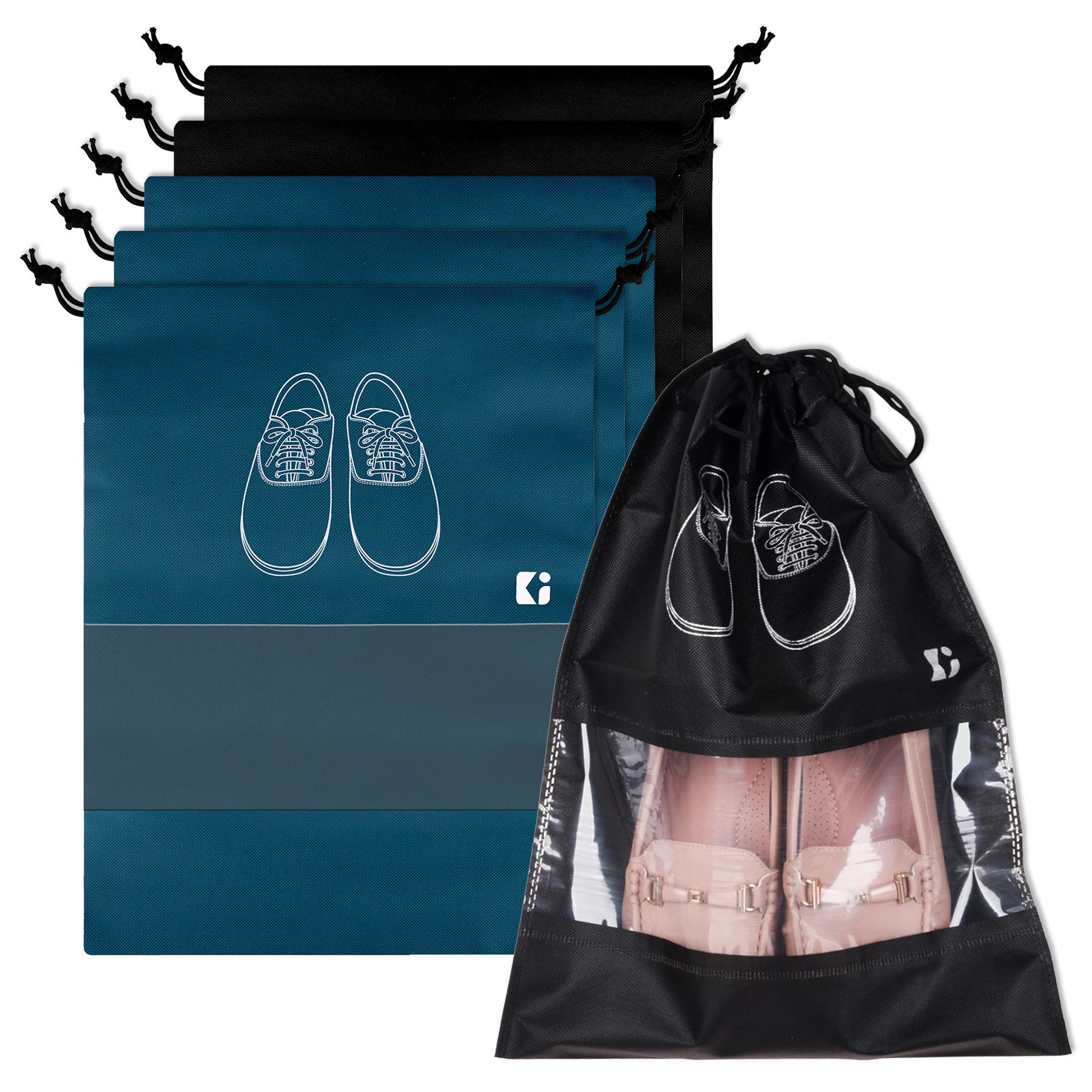 Kuber Industries Shoe Bags | Shoe Bags for Travel | Non-Woven Shoe Storage Bags | Storage Organizers Set | Shoe Cover with Transparent Window | Shoe Dori Cover | Navy Blue & Black