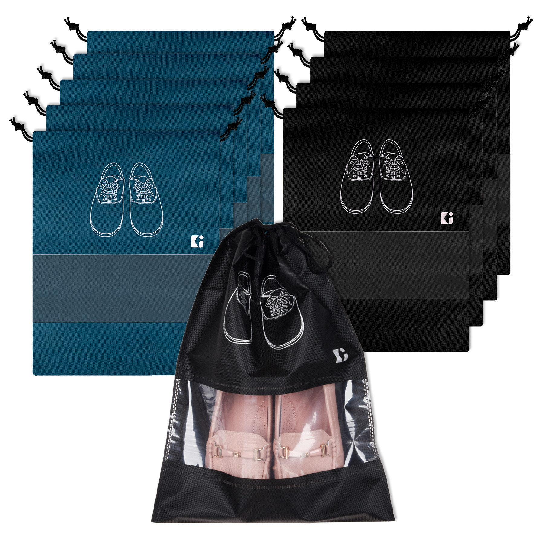 Kuber Industries Shoe Bags | Shoe Bags for Travel | Non-Woven Shoe Storage Bags | Storage Organizers Set | Shoe Cover with Transparent Window | Shoe Dori Cover | Navy Blue & Black