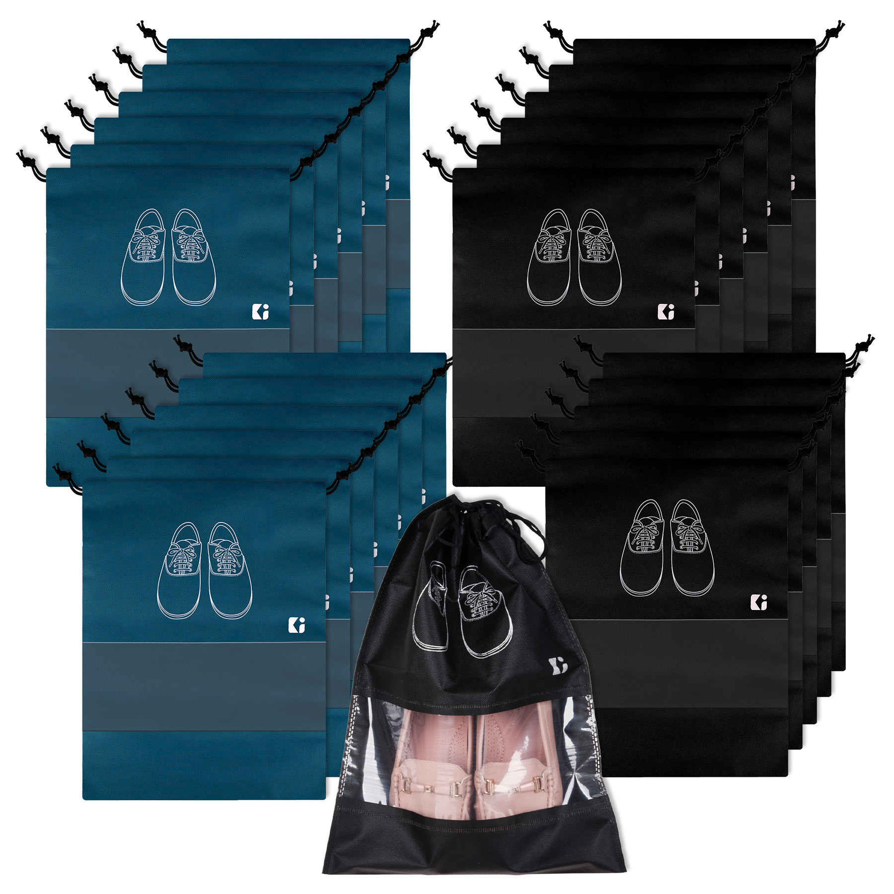 Kuber Industries Shoe Bags | Shoe Bags for Travel | Non-Woven Shoe Storage Bags | Storage Organizers Set | Shoe Cover with Transparent Window | Shoe Dori Cover | Navy Blue & Black