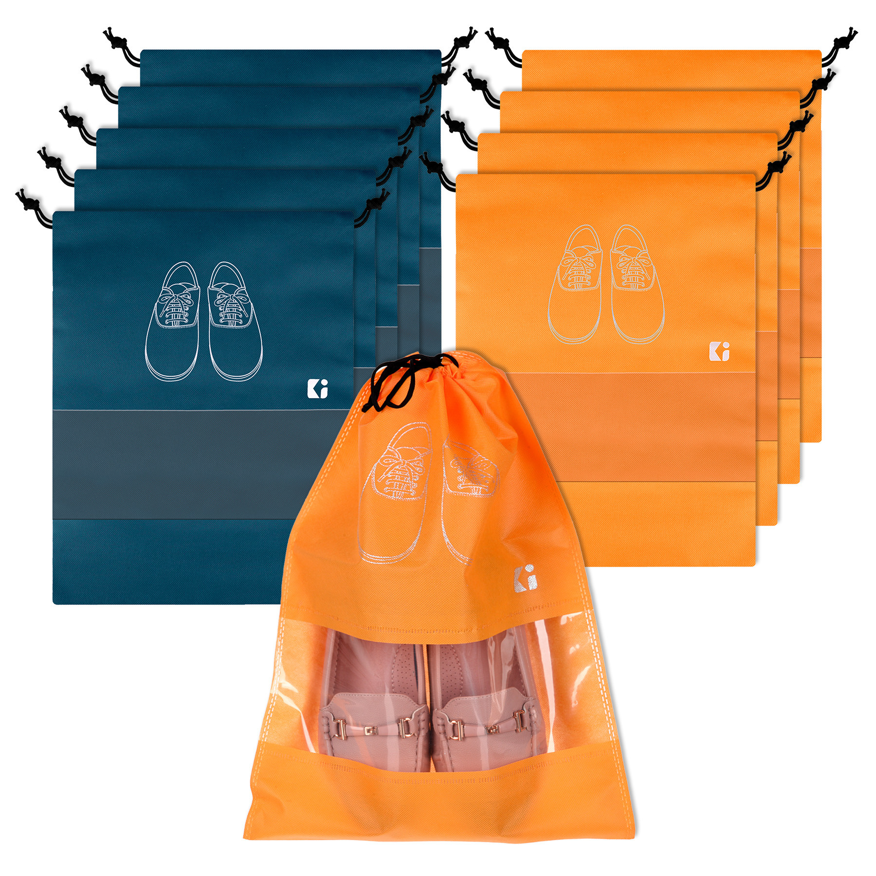 Kuber Industries Shoe Bags | Shoe Bags for Travel | Non-Woven Shoe Storage Bags | Storage Organizers Set | Shoe Cover with Transparent Window | Shoe Dori Cover | Navy Blue & Orange