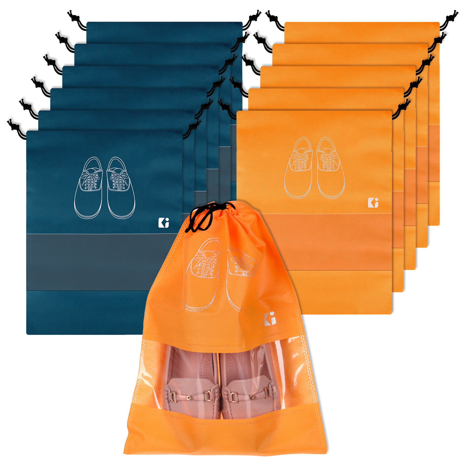 Kuber Industries Shoe Bags | Shoe Bags for Travel | Non-Woven Shoe Storage Bags | Storage Organizers Set | Shoe Cover with Transparent Window | Shoe Dori Cover | Navy Blue & Orange