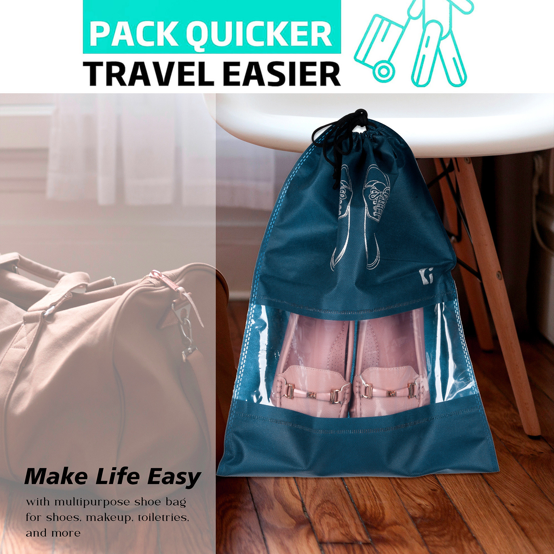 Kuber Industries Shoe Bags | Shoe Bags for Travel | Non-Woven Shoe Storage Bags | Storage Organizers Set | Shoe Cover with Transparent Window | Shoe Dori Cover | Navy Blue & Beige