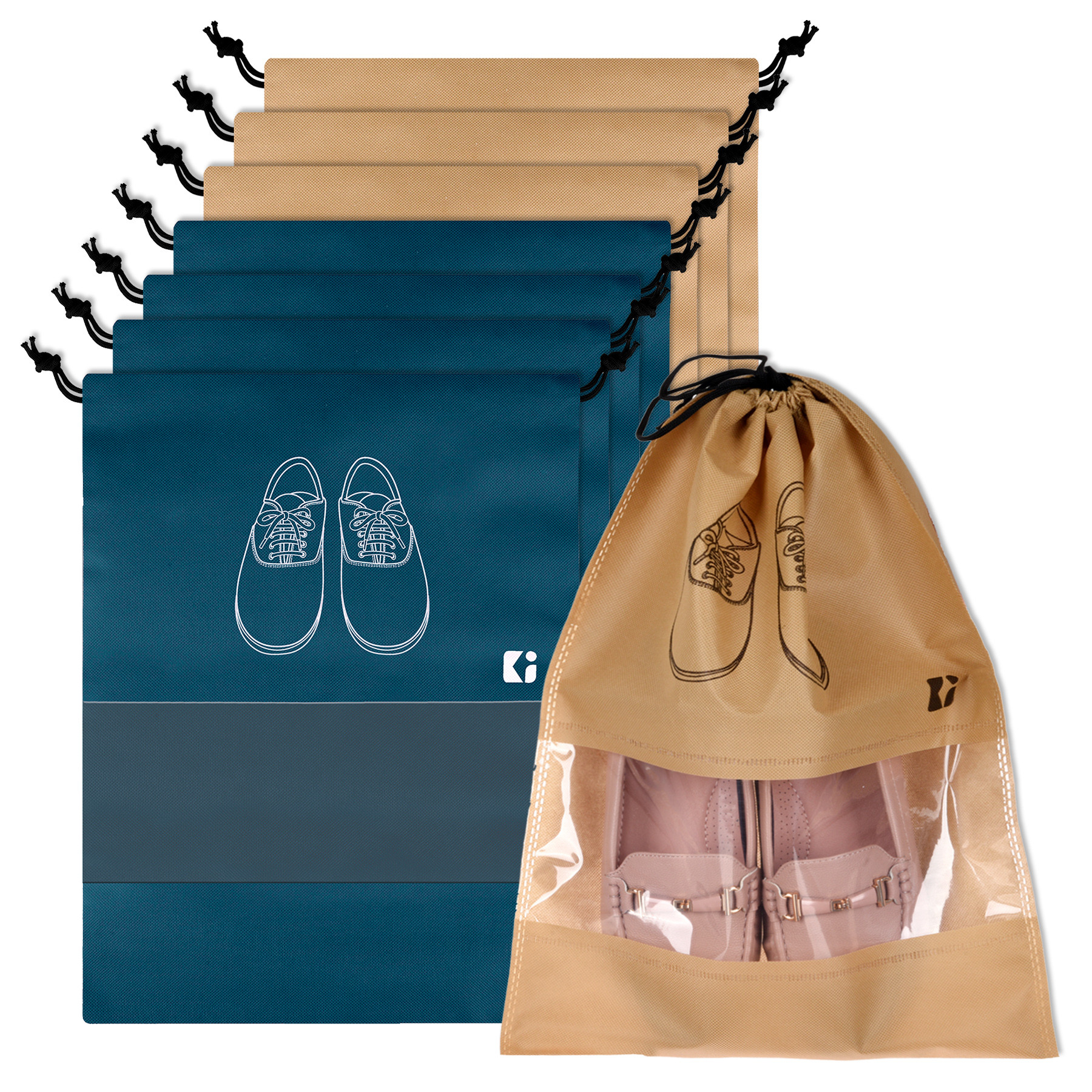 Kuber Industries Shoe Bags | Shoe Bags for Travel | Non-Woven Shoe Storage Bags | Storage Organizers Set | Shoe Cover with Transparent Window | Shoe Dori Cover | Navy Blue & Beige