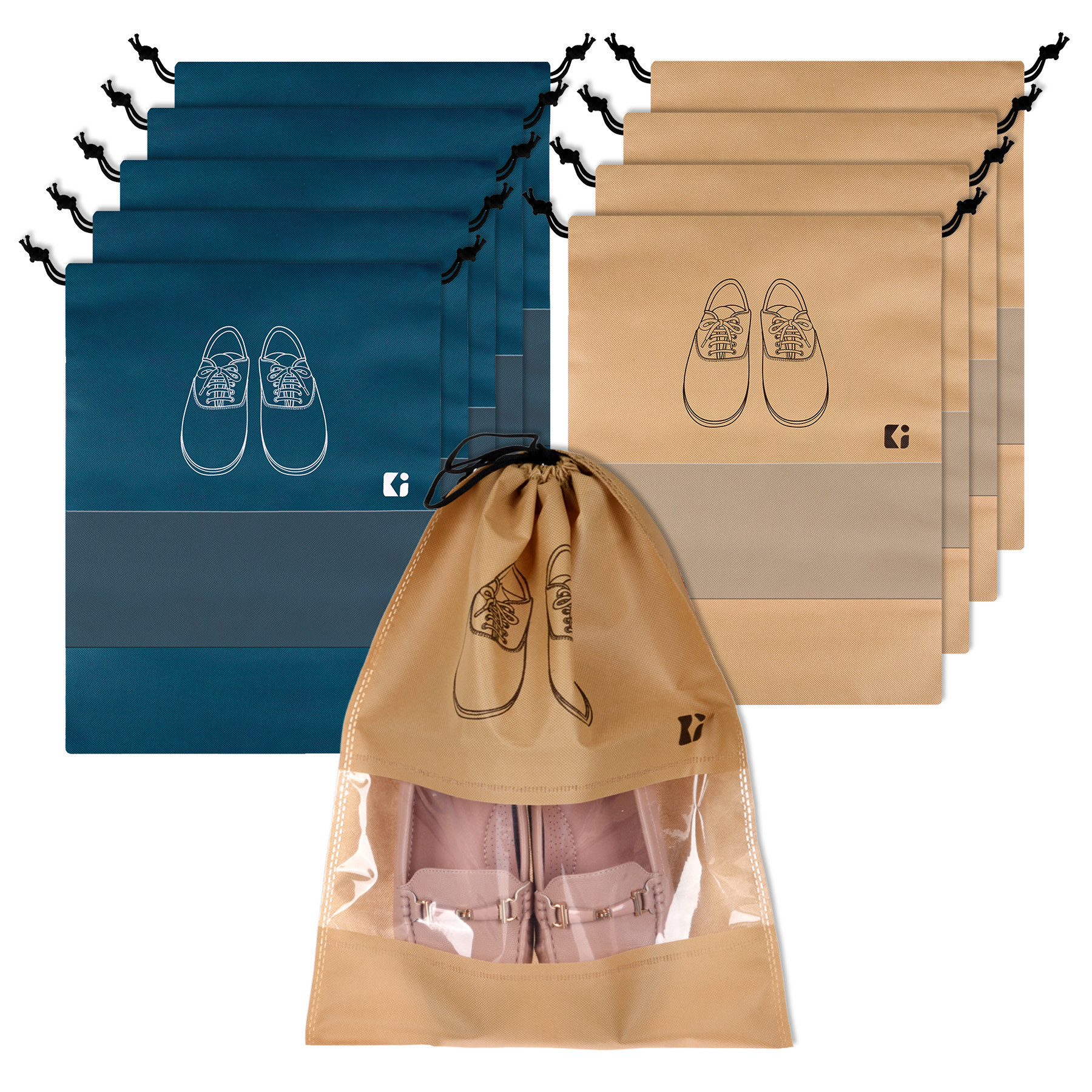 Kuber Industries Shoe Bags | Shoe Bags for Travel | Non-Woven Shoe Storage Bags | Storage Organizers Set | Shoe Cover with Transparent Window | Shoe Dori Cover | Navy Blue & Beige