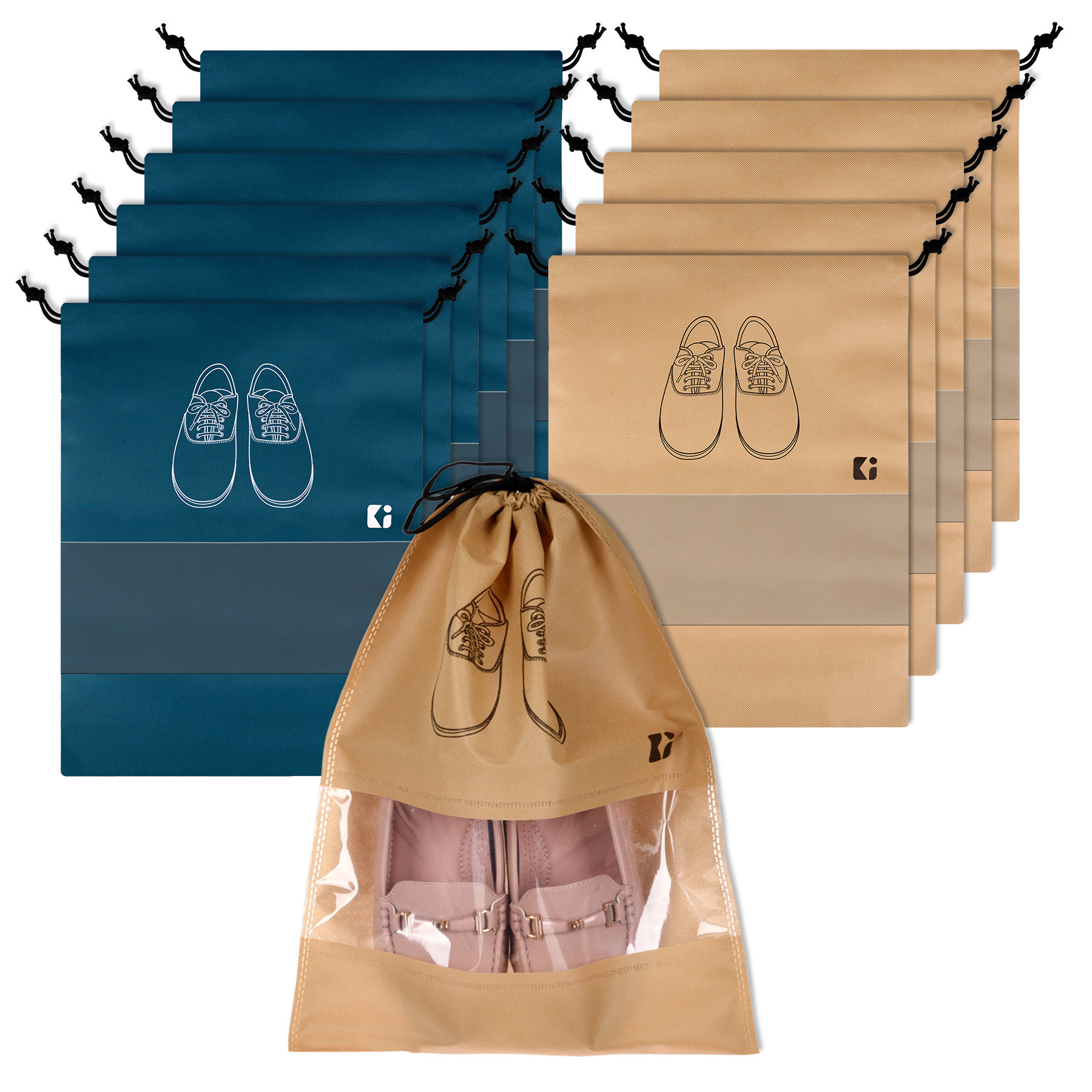 Kuber Industries Shoe Bags | Shoe Bags for Travel | Non-Woven Shoe Storage Bags | Storage Organizers Set | Shoe Cover with Transparent Window | Shoe Dori Cover | Navy Blue & Beige