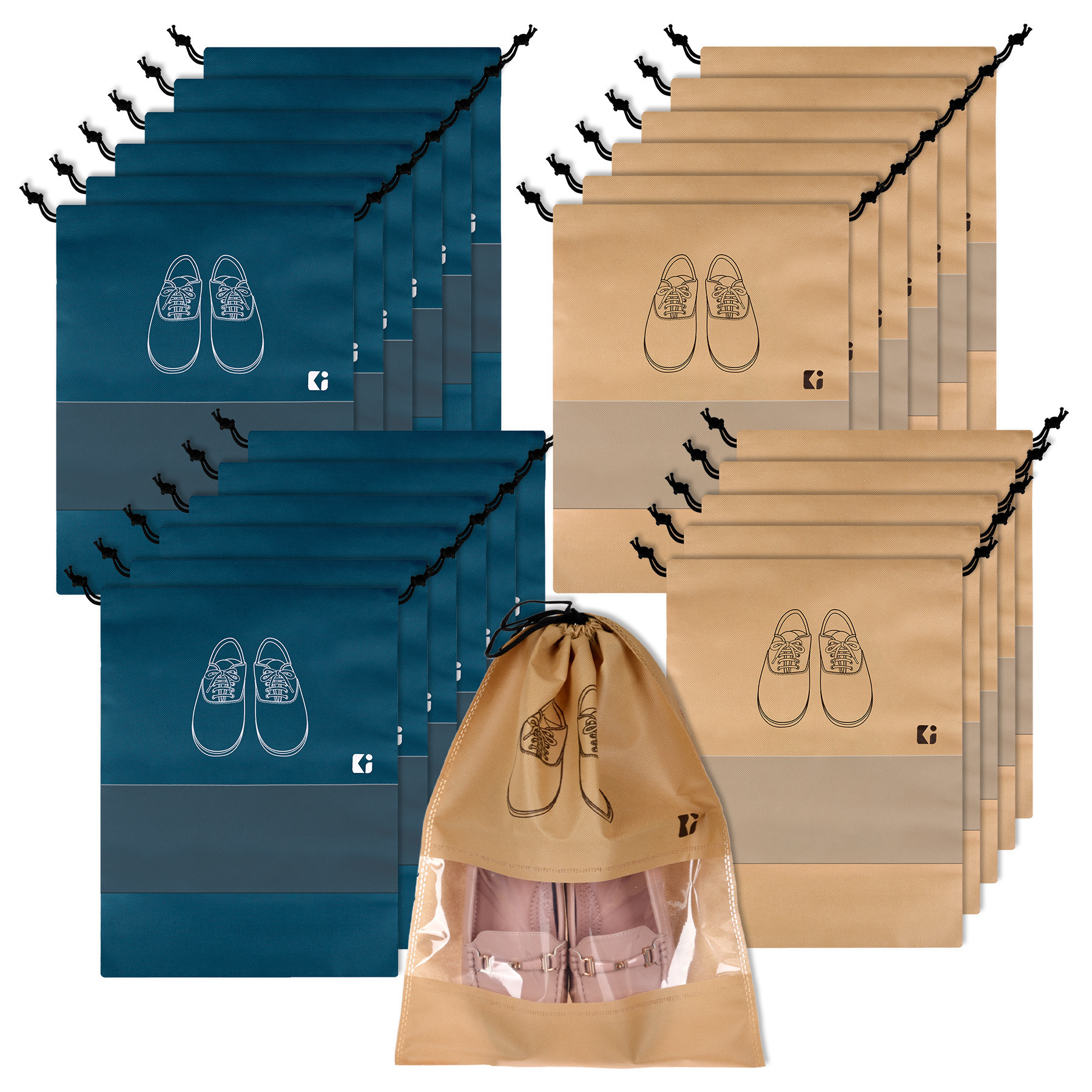 Kuber Industries Shoe Bags | Shoe Bags for Travel | Non-Woven Shoe Storage Bags | Storage Organizers Set | Shoe Cover with Transparent Window | Shoe Dori Cover | Navy Blue & Beige