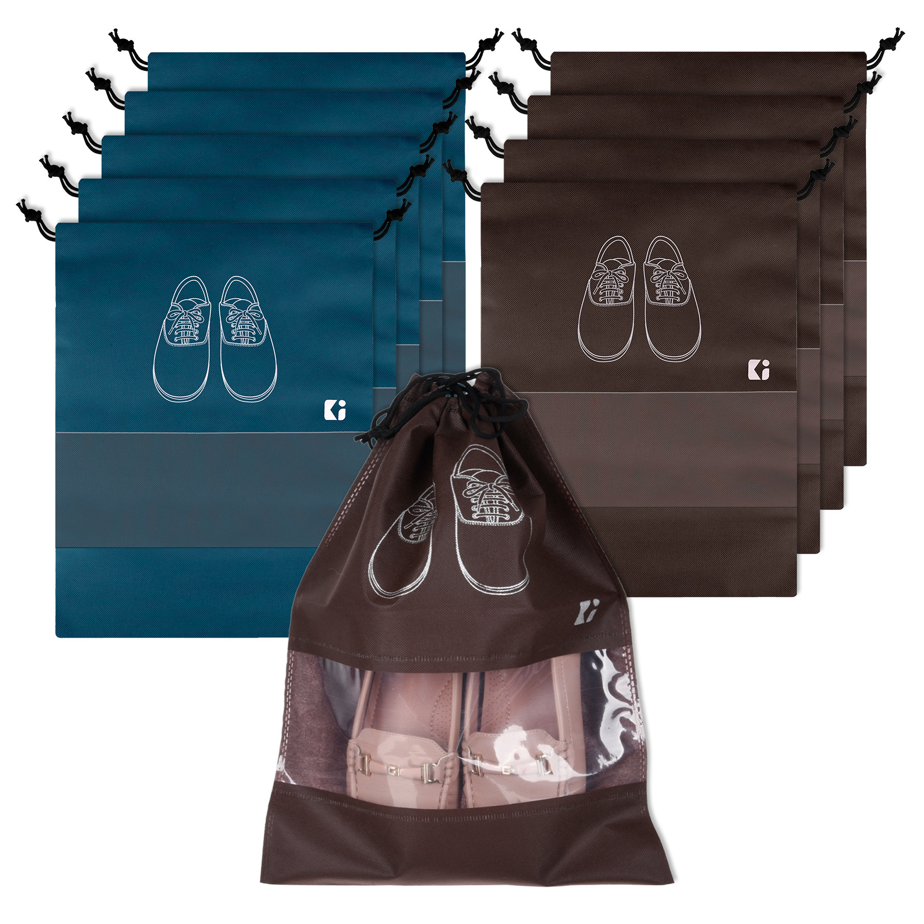 Kuber Industries Shoe Bags | Shoe Bags for Travel | Non-Woven Shoe Storage Bags | Storage Organizers Set | Shoe Cover with Transparent Window | Shoe Dori Cover | Navy Blue & Coffee