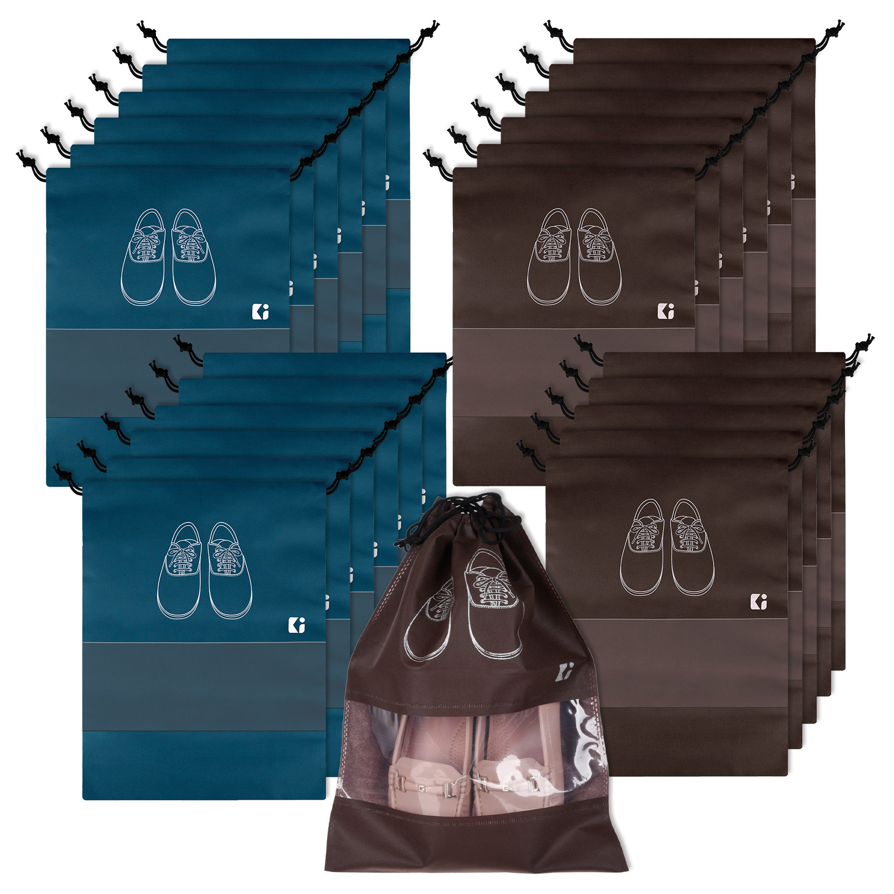 Kuber Industries Shoe Bags | Shoe Bags for Travel | Non-Woven Shoe Storage Bags | Storage Organizers Set | Shoe Cover with Transparent Window | Shoe Dori Cover | Navy Blue & Coffee