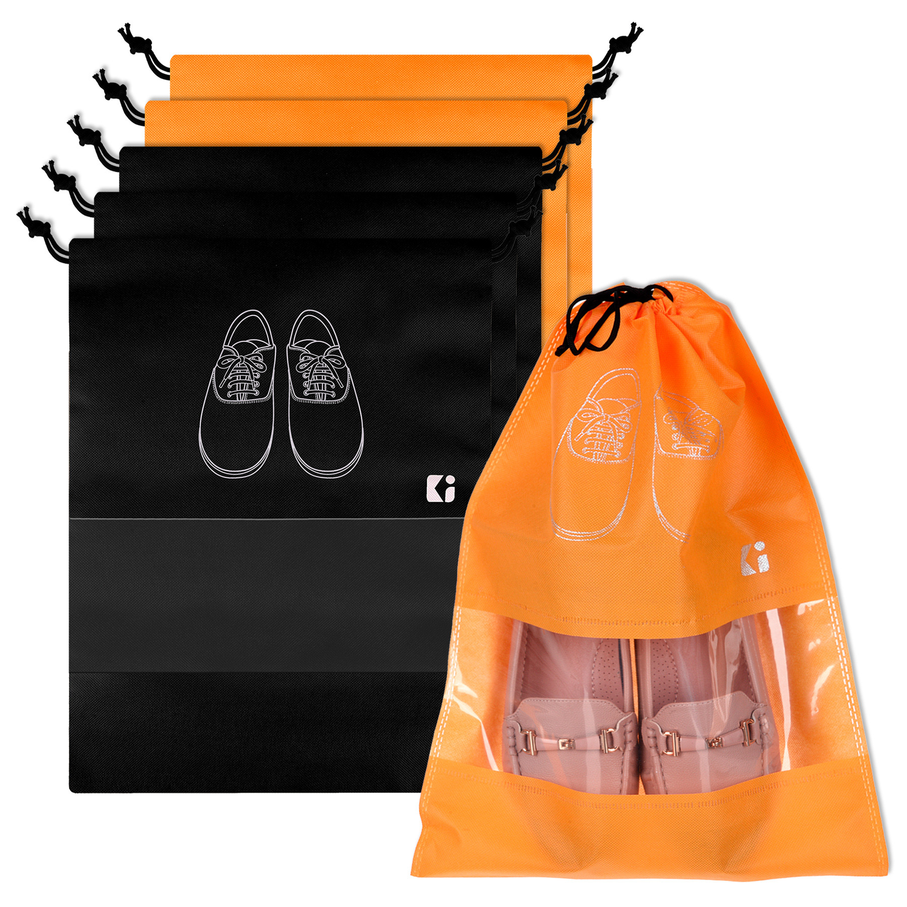 Kuber Industries Shoe Bags | Shoe Bags for Travel | Non-Woven Shoe Storage Bags | Storage Organizers Set | Shoe Cover with Transparent Window | Shoe Dori Cover | Black & Orange